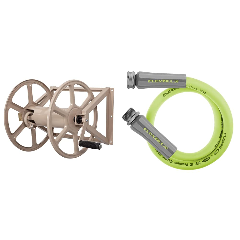 Liberty Garden 709 Steel Wall Mounted or Floor Mounted Hose Reel - 200-Feet Capacity for 5/8-Inch Garden Hose, Tan Color & Flexzilla HFZG503YW 3-Foot Lead-In Hose, ZillaGreen - Perfect for Yard Watering, Car Washing, and Outdoor Cleaning