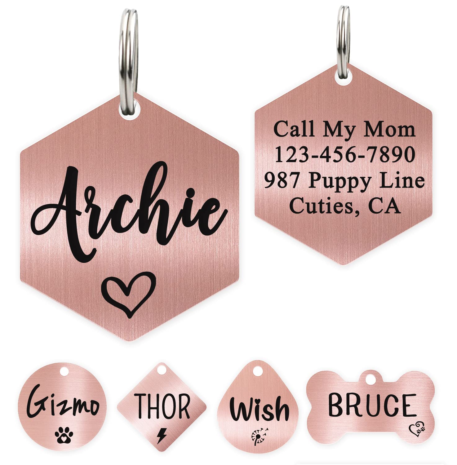 Custom Stainless Steel Hexagon Dog ID Tag - Personalized Engraved Pet Tag for Dogs, Rose Gold Brushed Finish, Large Size - Perfect for Daily Walks, Travel & Pet Safety