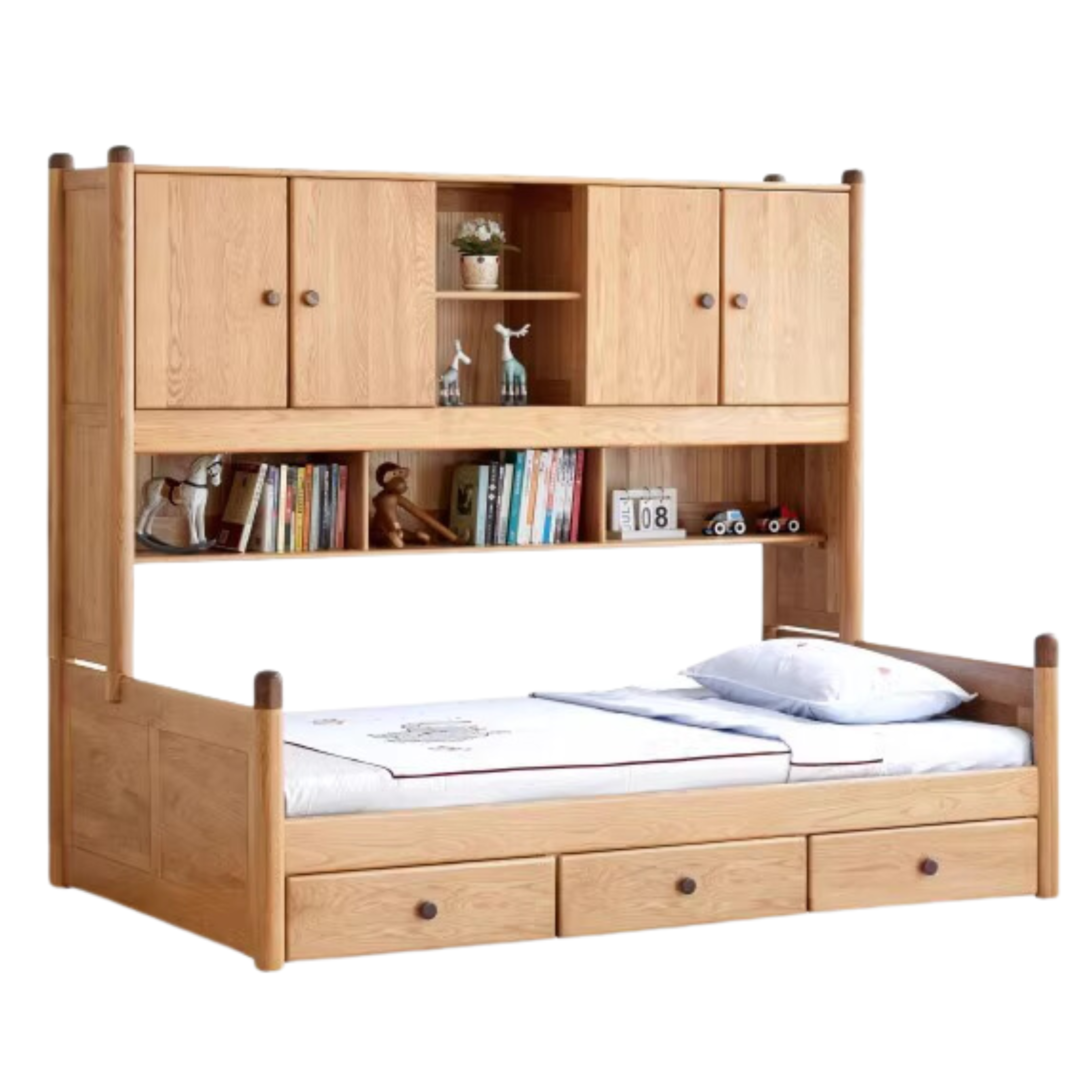 Solid Oak Wood Multi-Function Storage Bed - Queen Size Platform Bed with Underbed Drawers for Small Space Bedroom, Guest Room & Studio Apartments