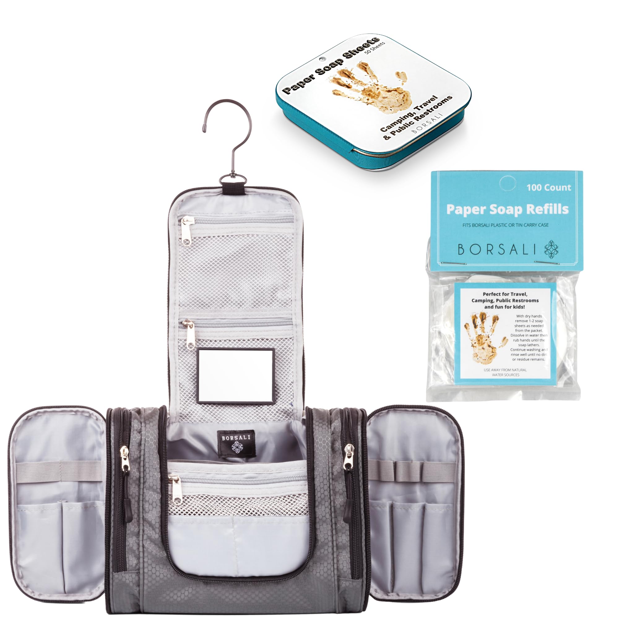 BORSALI Eco-Friendly Paper Soap Sheets with Portable Hanging Toiletry Bag - Perfect for Travel, Camping, Gym & Emergency Kits
