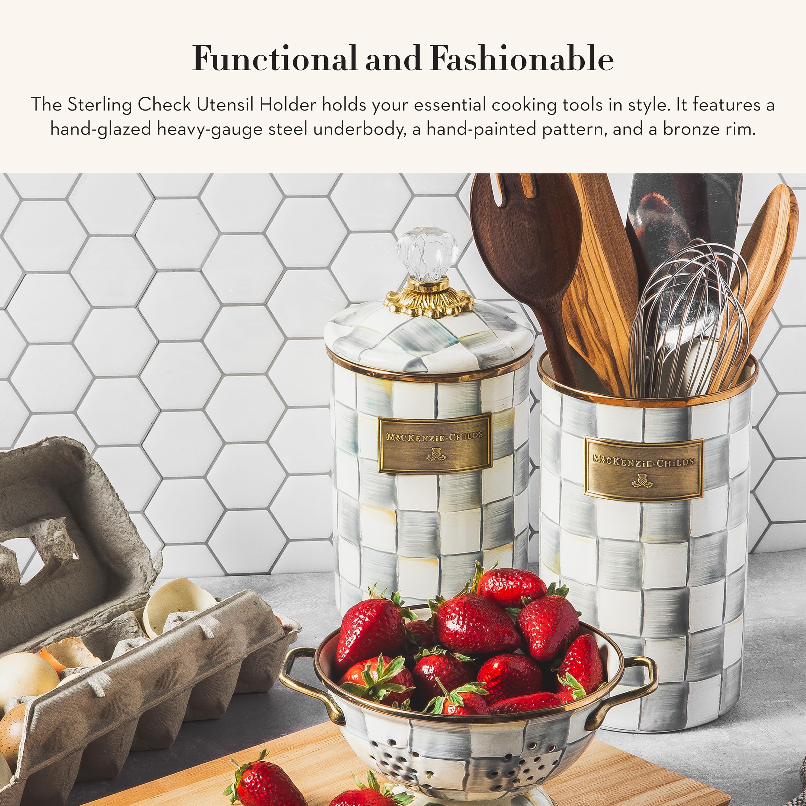 MACKENZIE-CHILDS Enamel Kitchen Utensil Holder - Countertop Storage Caddy Organizer in Gray & White Sterling Check Pattern - Perfect for Farmhouse, Cottage & Modern Kitchens