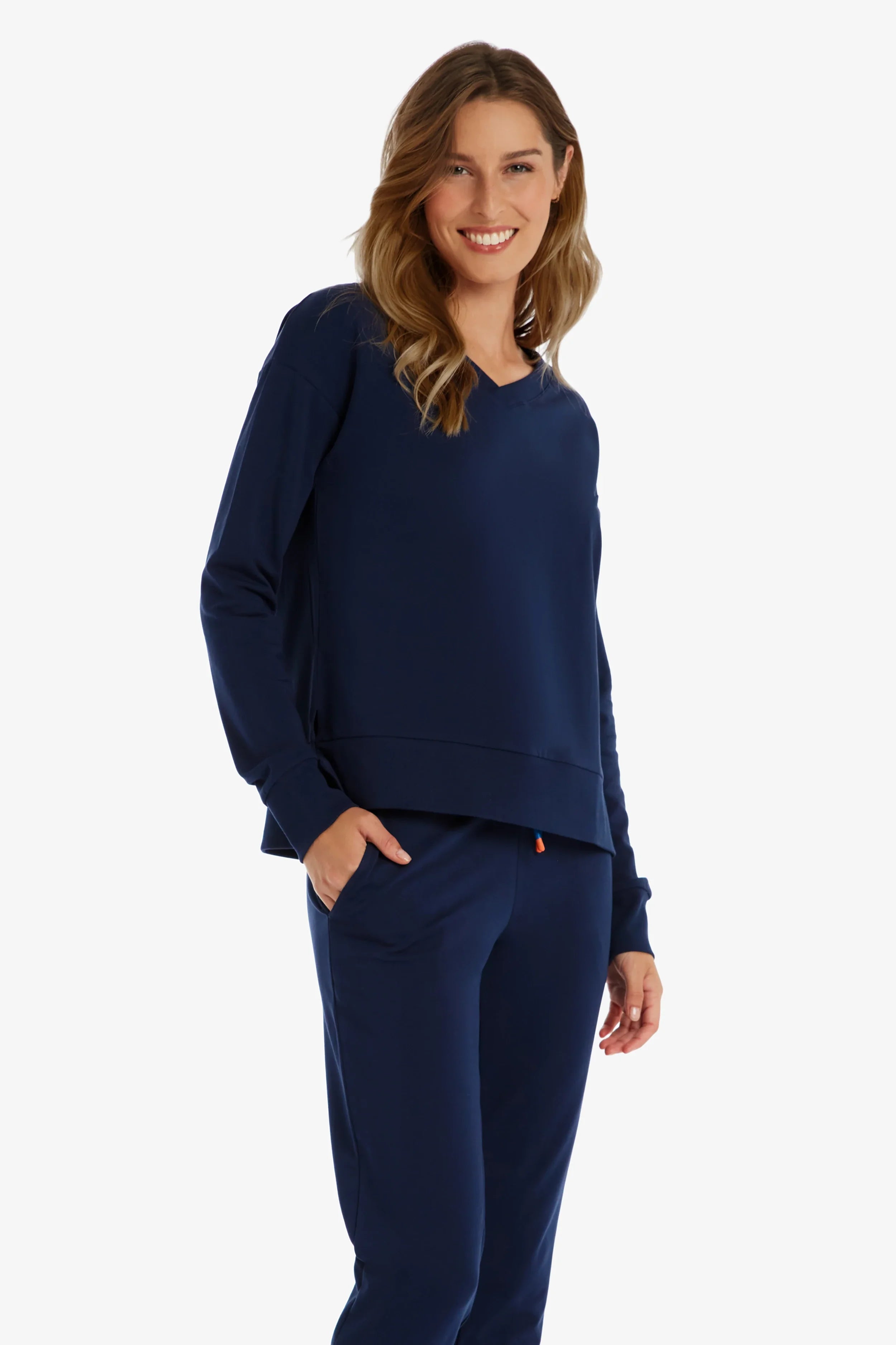 Women's Soft V-Neck Pullover Sweater - Navy Blue | Cozy Knit Top for Casual Wear & Layering