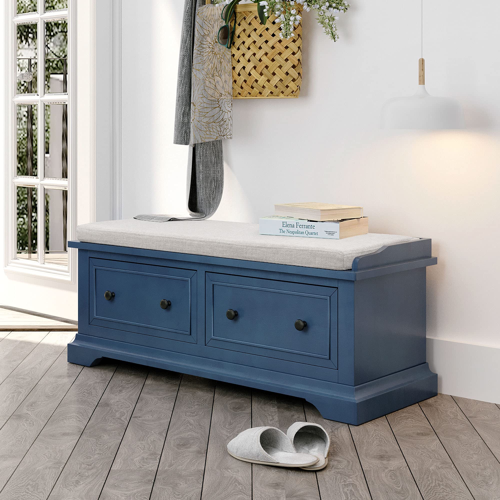 Rustic Wooden Storage Bench with Drawers & Removable Cushion - Entryway Shoe Bench for Hallway, Living Room, Bedroom - Perfect for Organizing Shoes, Hats & Home Decor (Navy Blue)