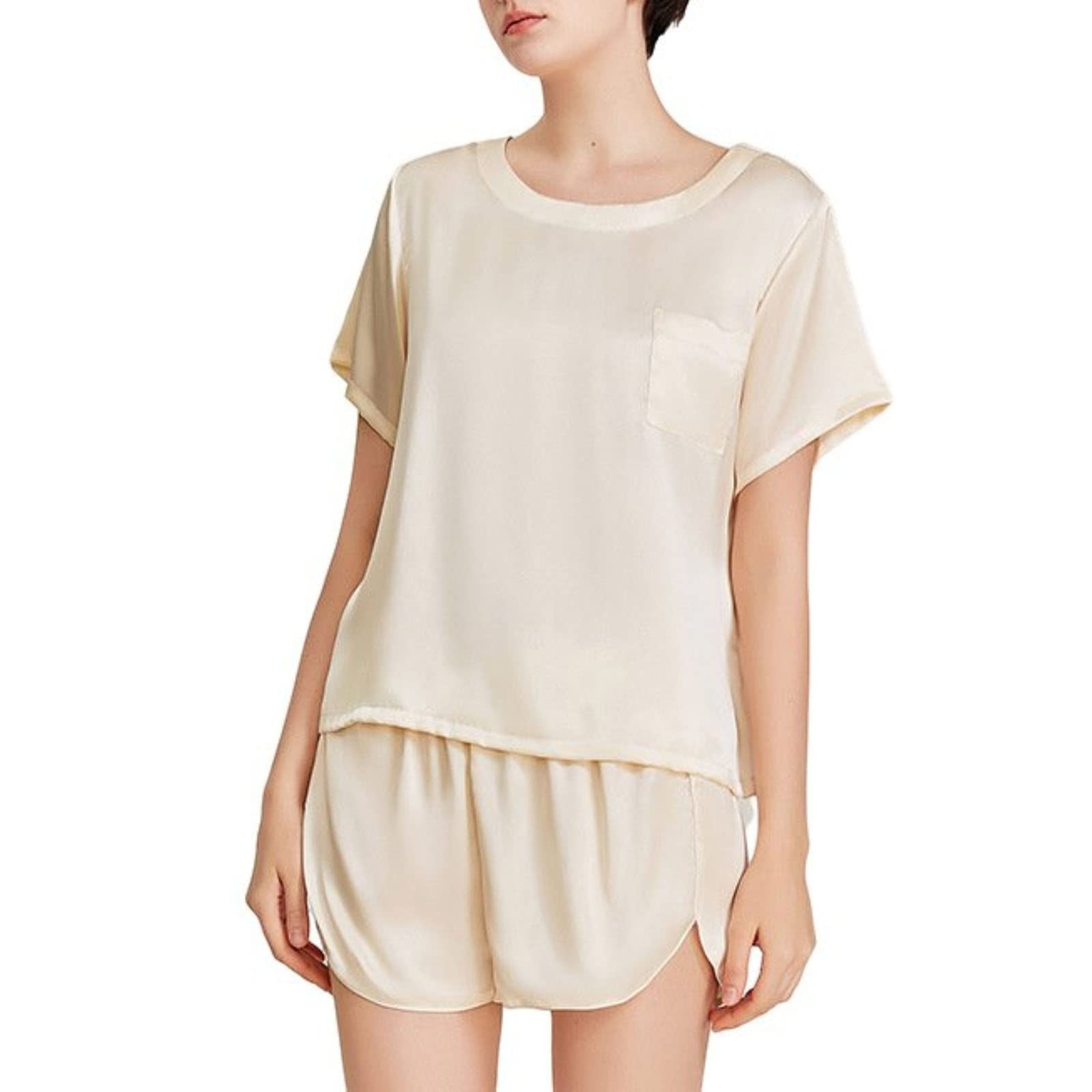 Silk Satin Pajama Set for Women - Soft Short Sleeve Top & Shorts Sleepwear - Comfortable Loungewear for Bedtime, Vacation & Relaxing at Home