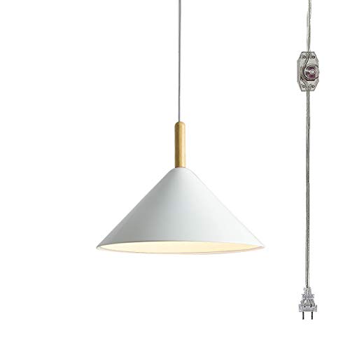 ANYE White Cone Shade Pendant Light Fixture - 15ft Plug-in Cord with UL Listed On/Off Dimmer Switch & Wooden Handle - Nordic Minimalist Style for Dining Room, Restaurant, Cafe, Bedroom (Bulb Not Included)