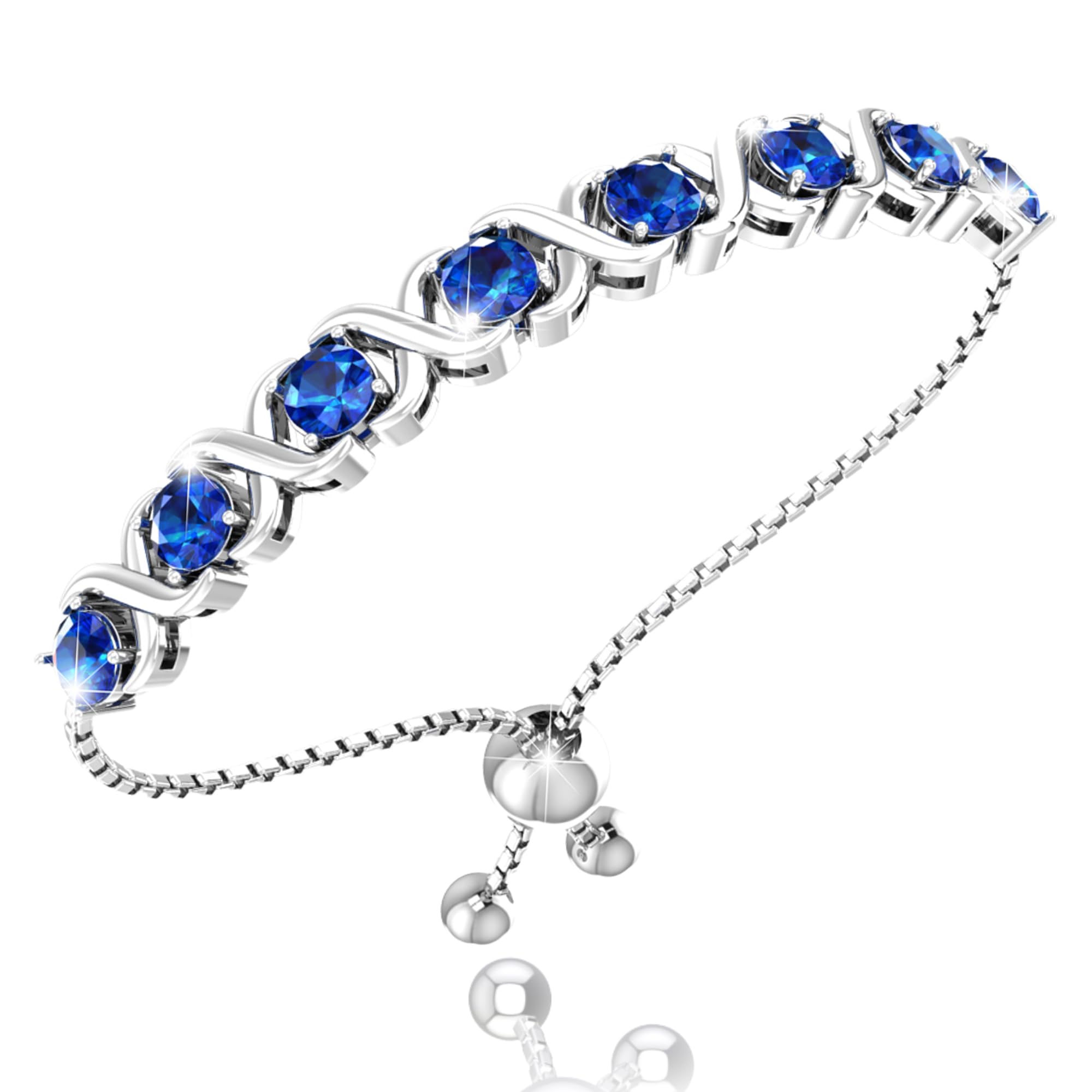 Birthstone Bangle Bracelet for Women - 925 Sterling Silver Adjustable Bracelet with 8 Round Natural Sapphire Stones & Bolo Closure (11
