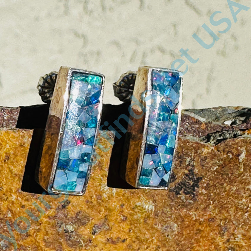 Sterling Silver Pierced Post Bar Earrings with Opal Chip Mosaic - Elegant Dainty Jewelry for Women, Perfect for Everyday Wear, Parties & Special Occasions