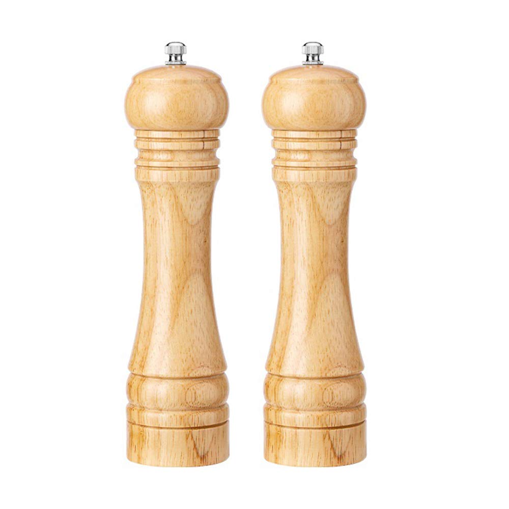 2 Pack Refillable Wooden Pepper Grinder & Salt Mill Set - Adjustable Coarseness, Ceramic Grinding Mechanism, 8 Inch Large Kitchen Spice Shaker for Cooking, Dining, Camping & Outdoor BBQ