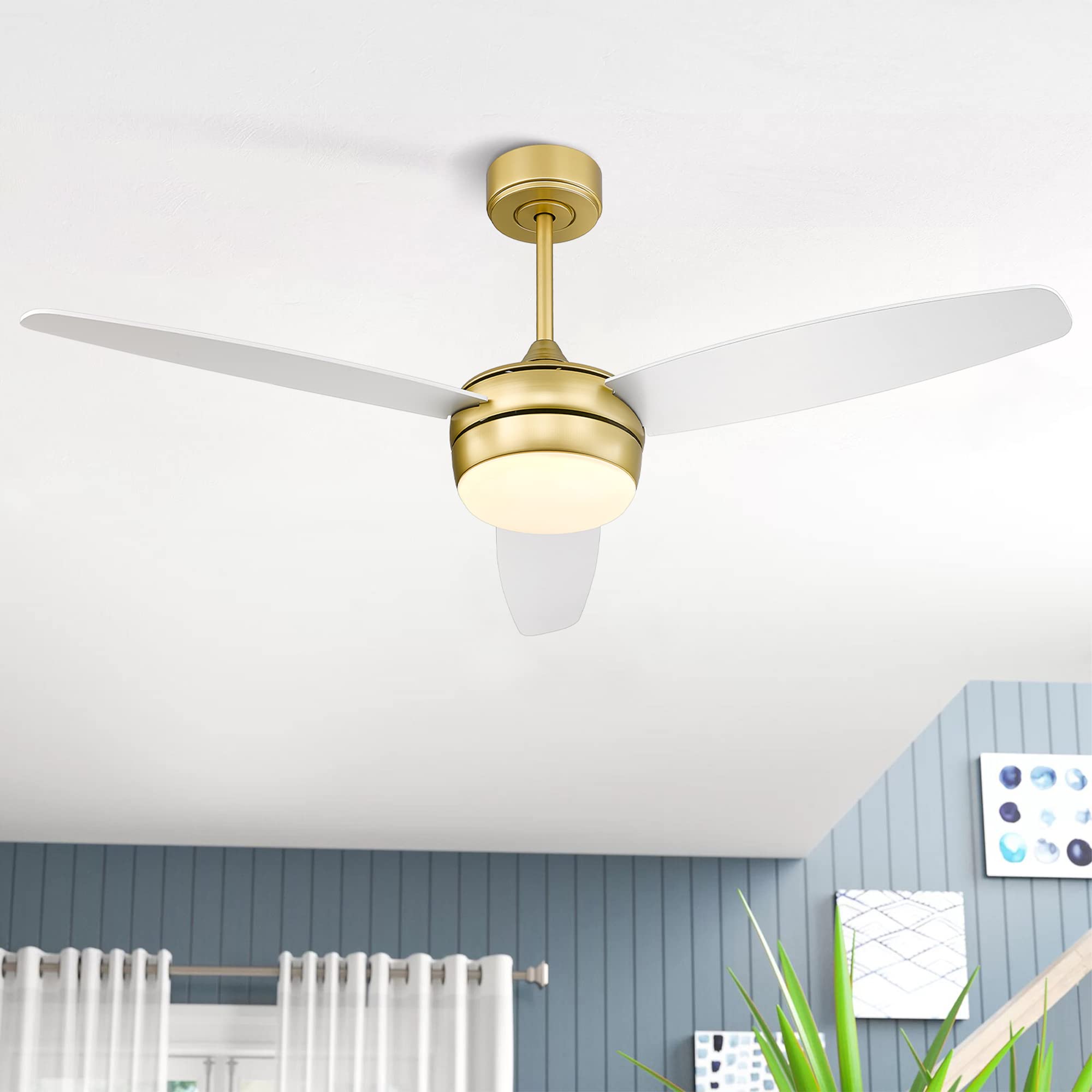 52 Inch Modern Gold Ceiling Fan with LED Light & Remote Control - 3 White Blades for Living Room, Bedroom, Bathroom - YOUKAIN 52-YJ273-WH - Perfect for Home, Office & Indoor Spaces