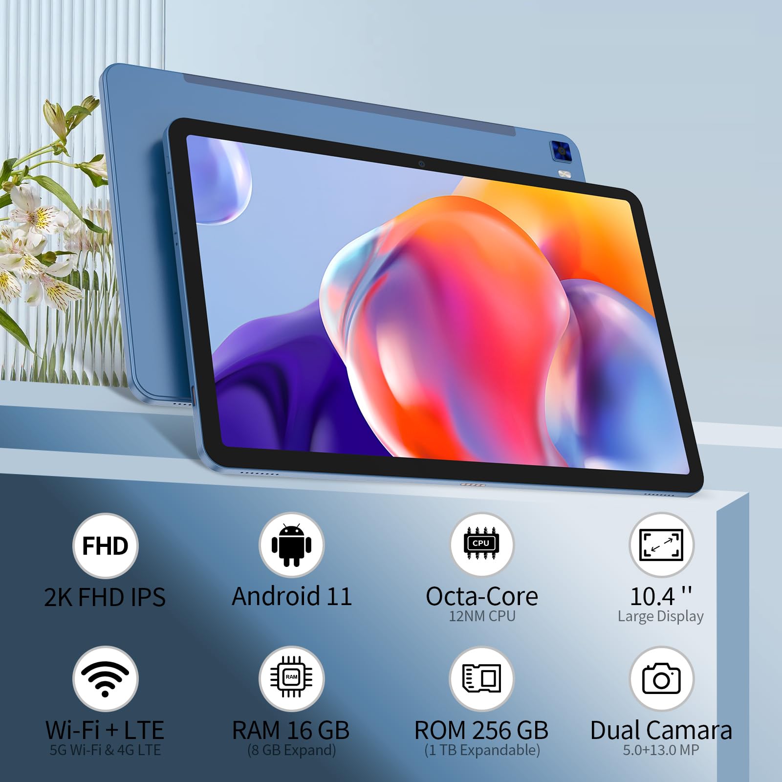 VASOUN Android 11 Tablet 10.4 Inch - 16GB RAM (8GB+8GB Expandable) 256GB Storage, 4G LTE Dual SIM, 2.0GHz Octa-Core Processor, 2K IPS Display, 8000mAh Battery, 2.4G/5G WiFi, Bluetooth 5.0 with PU Leather Case - Perfect for Gaming, Streaming & Productivity on the Go