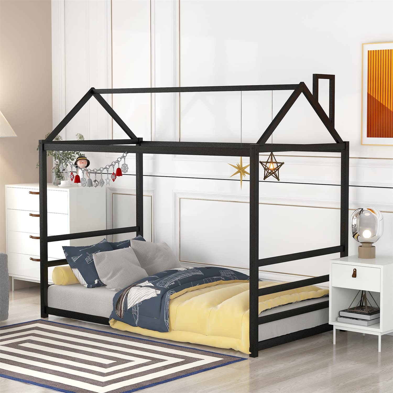 Twin Size Metal Platform Bed Frame with Headboard & Footboard - House Design with Roof & Chimney - Black Kids & Teens Bed - Perfect for Bedroom Decor, Playroom, or Themed Children's Rooms