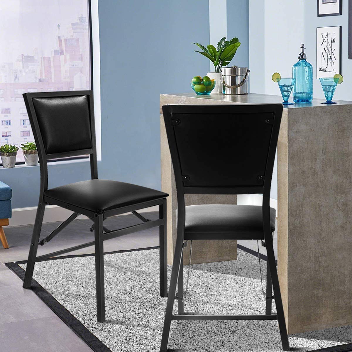 LDAILY Set of 2 Folding Chairs with Cushions - Metal Frame Mocha Kitchen Dining Chairs with Padded Seat & Backrest - Perfect for Home, Office, Restaurant, Outdoor, Camping, Picnic & Patio Use - Black