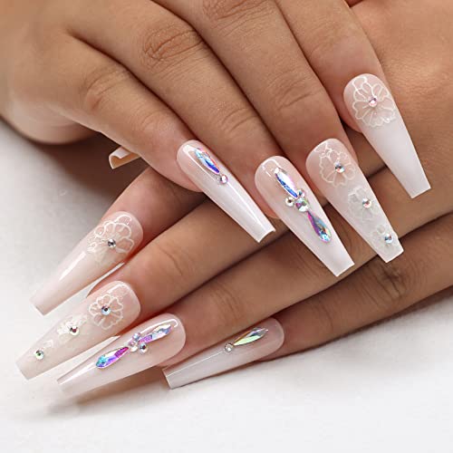 Kikmoya Coffin Pink Fake Nails - 24pcs Ombre Manicure Set with 3D Flower French Tips | Extra Long Press on Nails for Women | Full Cover Acrylic Stick on Nails | Glossy Artificial Nails for Parties, Weddings & Special Occasions