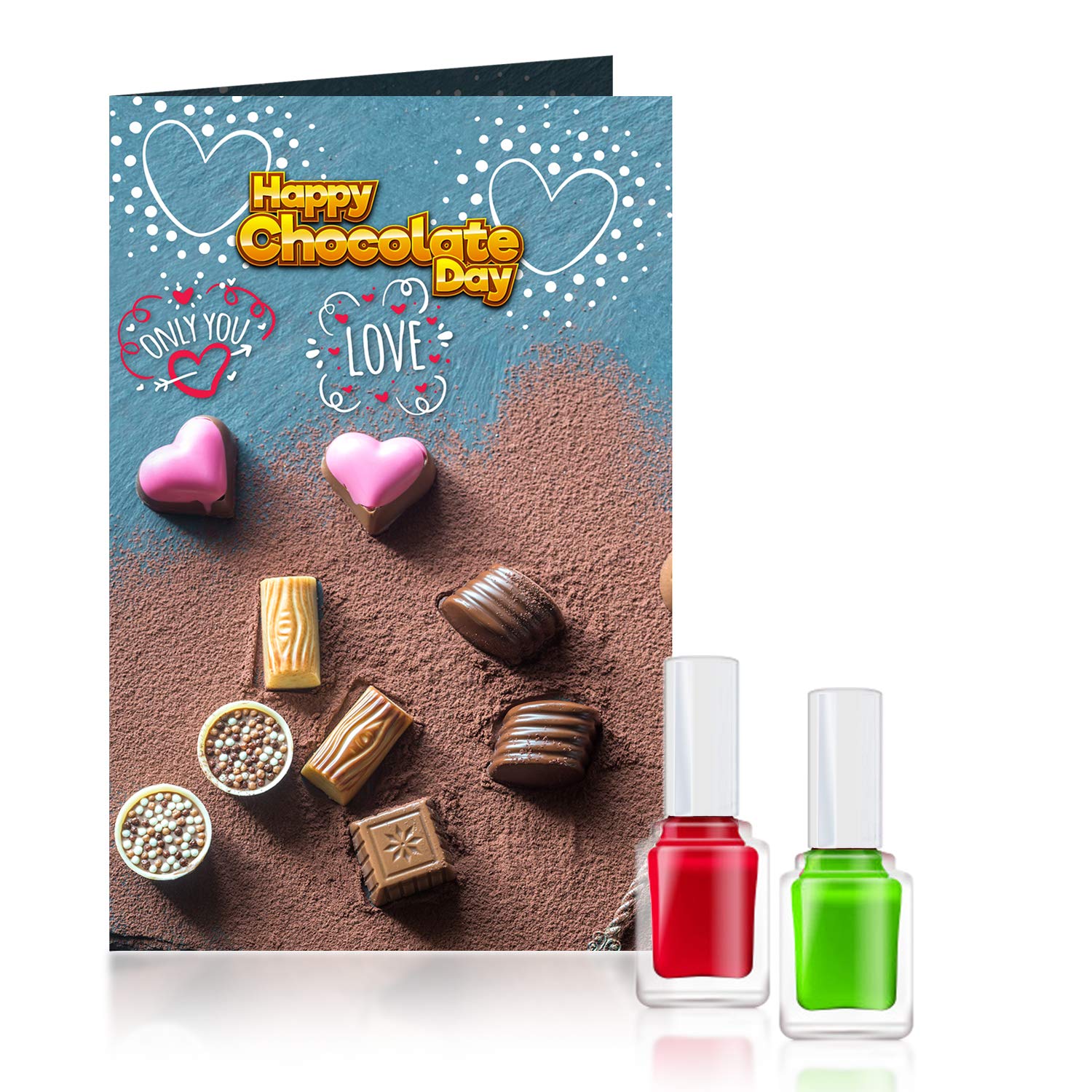 Happy Chocolate Day Love Only You Greeting Card with 2 Long-Lasting Nail Polish Set - Multicolor Combo Gift for Women | Valentine's Day, Anniversary & Romantic Occasions