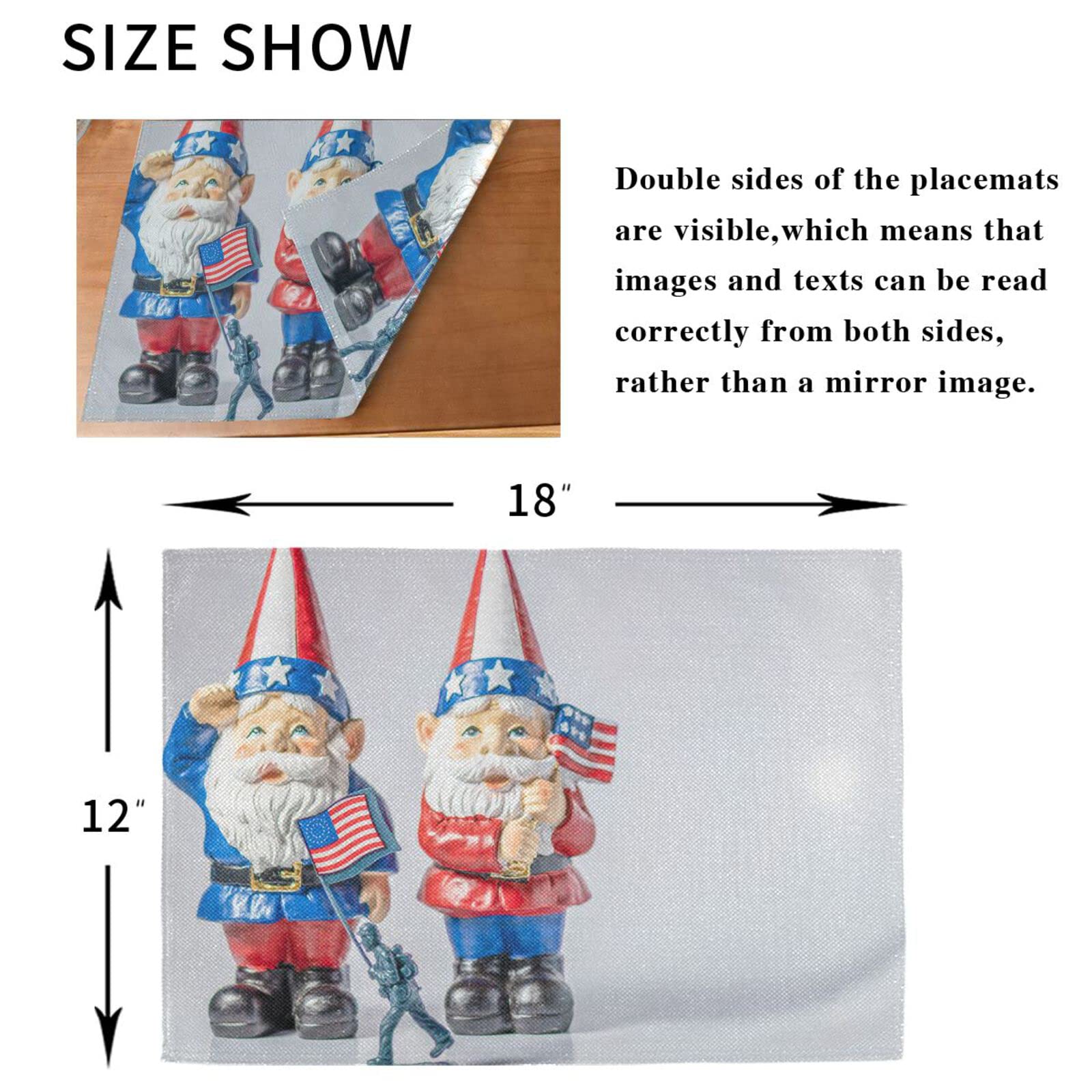 Patriotic Gnomes Salute Placemats Set of 4 - Washable & Heat Resistant 12x18 Inch Kitchen Table Mats for 4th of July, Memorial Day, Independence Day Decor - Perfect for Outdoor Picnics, BBQ Parties & Holiday Dining