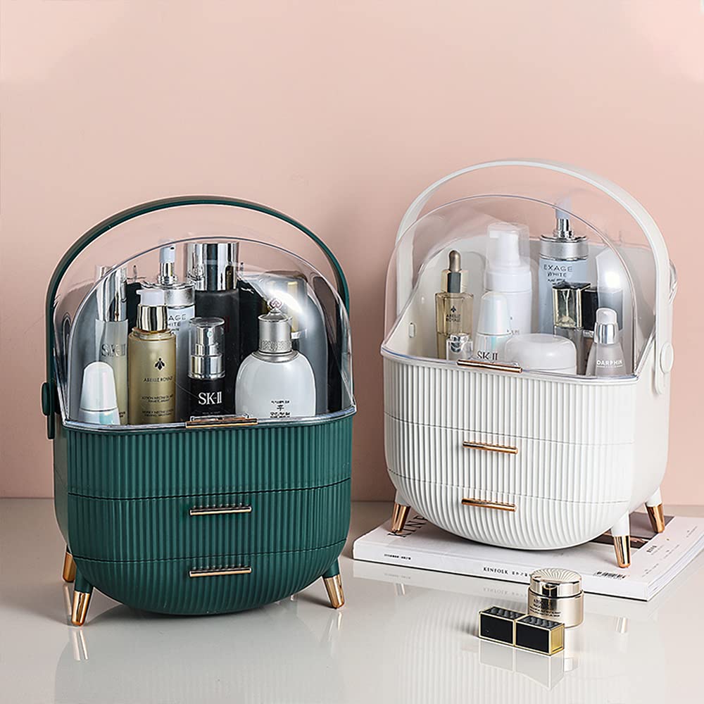 Portable Makeup Organizer with Dust-Free Cover & Waterproof Lid - Cosmetic Storage Box with Handle, Dust-Proof Drawers - Perfect for Bathroom, Dresser, Vanity & Travel (White)