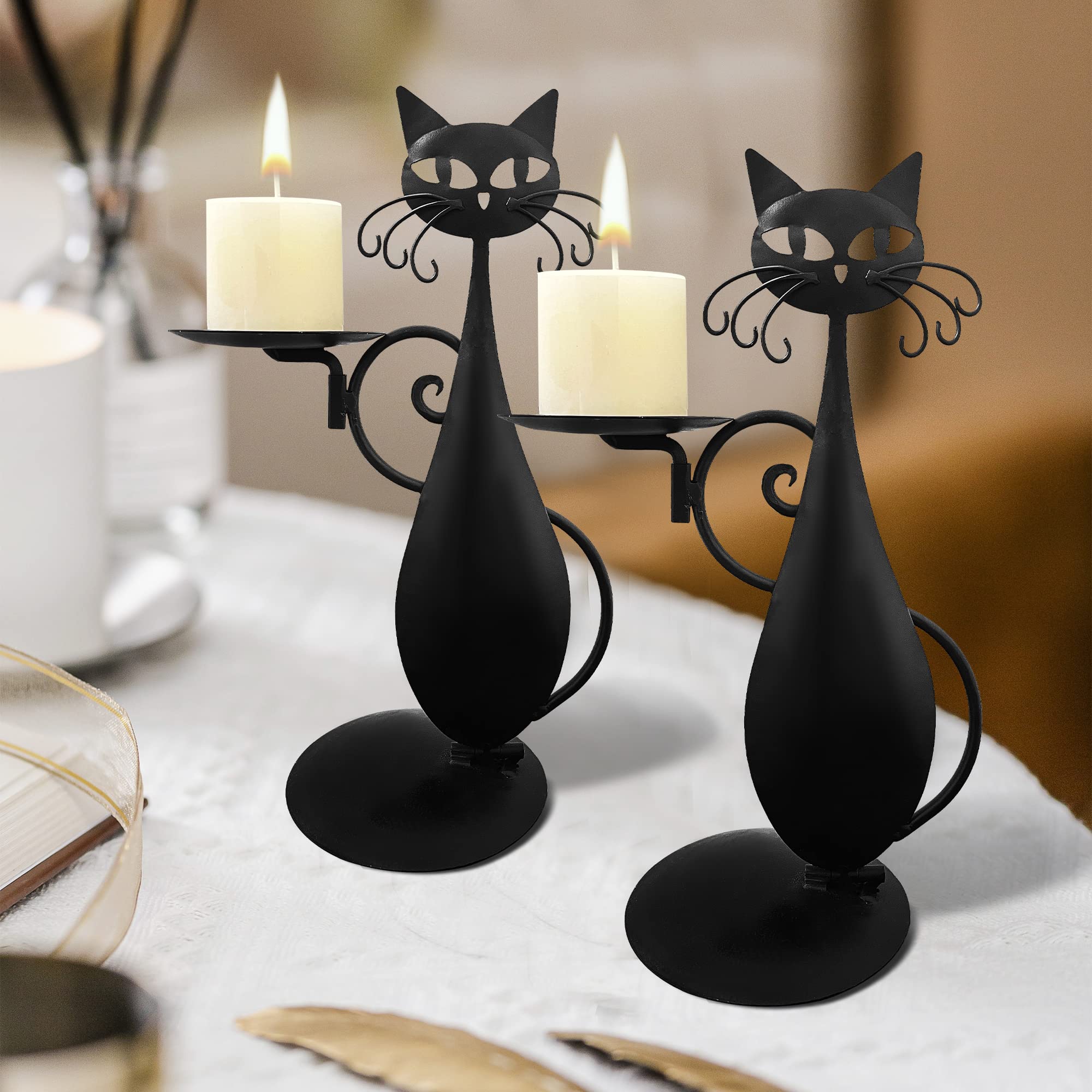 Black Cat Candle Holder for Pillar & LED Candles - Farmhouse Decor for Dining Table & Gifts