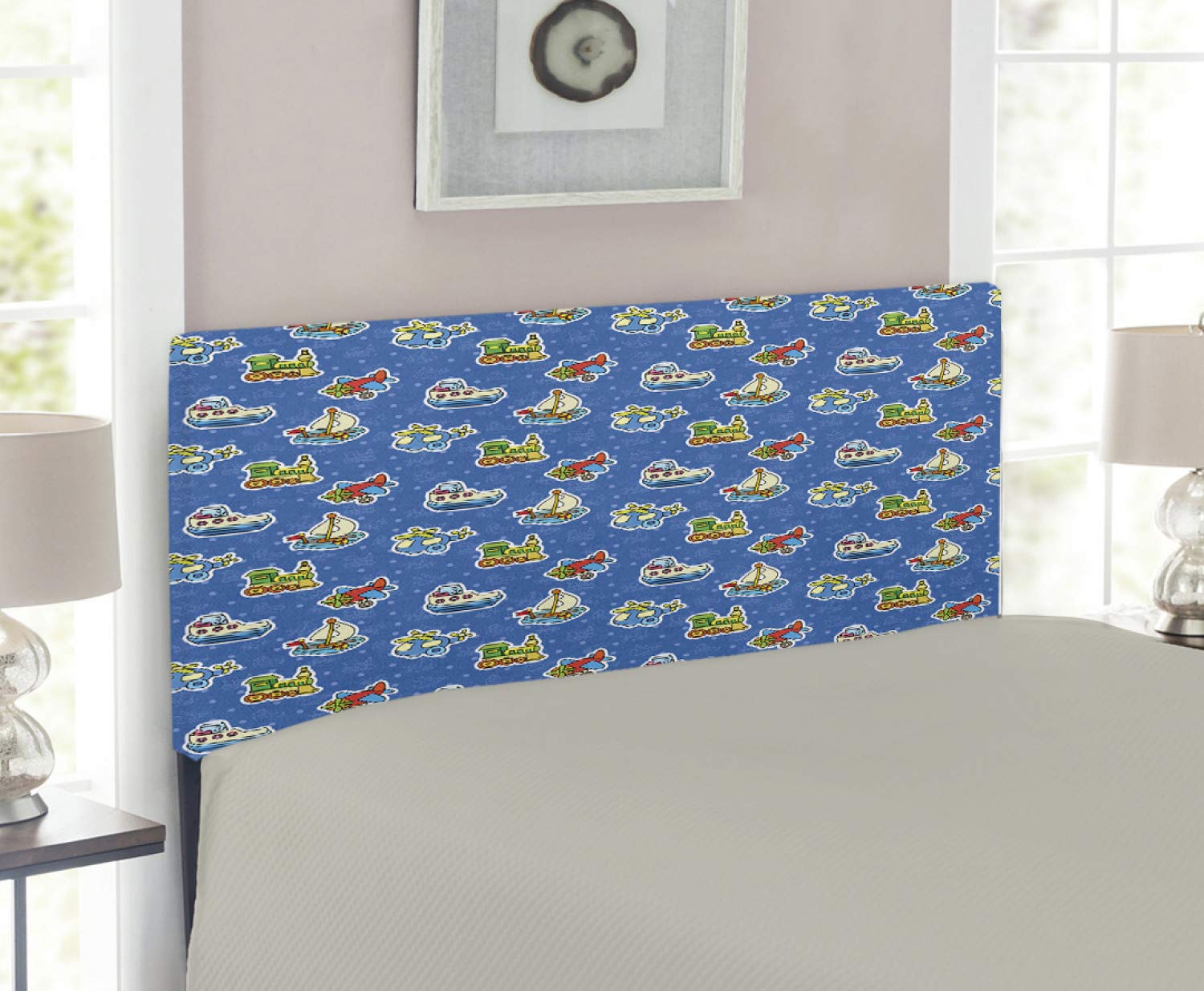 Ambesonne Airplane Headboard - Train, Sailboat & Plane Playroom Decor, Upholstered Metal Bed Frame with Memory Foam, Twin Size in Violet Blue & Yellow | Perfect for Kids' Bedrooms, Nursery Decor & Themed Playrooms