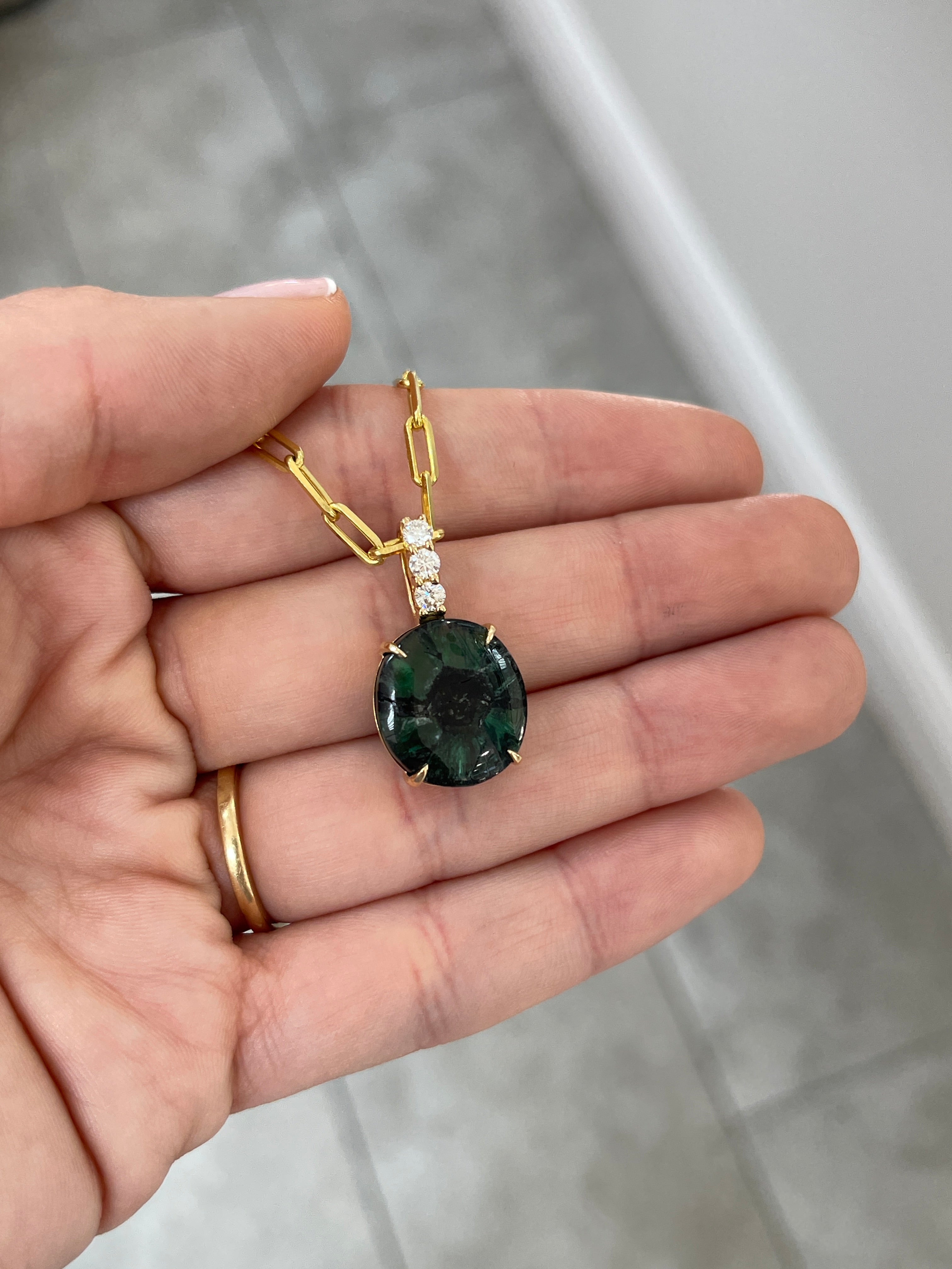 12.32tcw Oval Trapiche Colombian Emerald & Diamond Accented 18K Gold Pendant Necklace for Women - Elegant Jewelry Gift for Birthday, Anniversary & Special Occasions