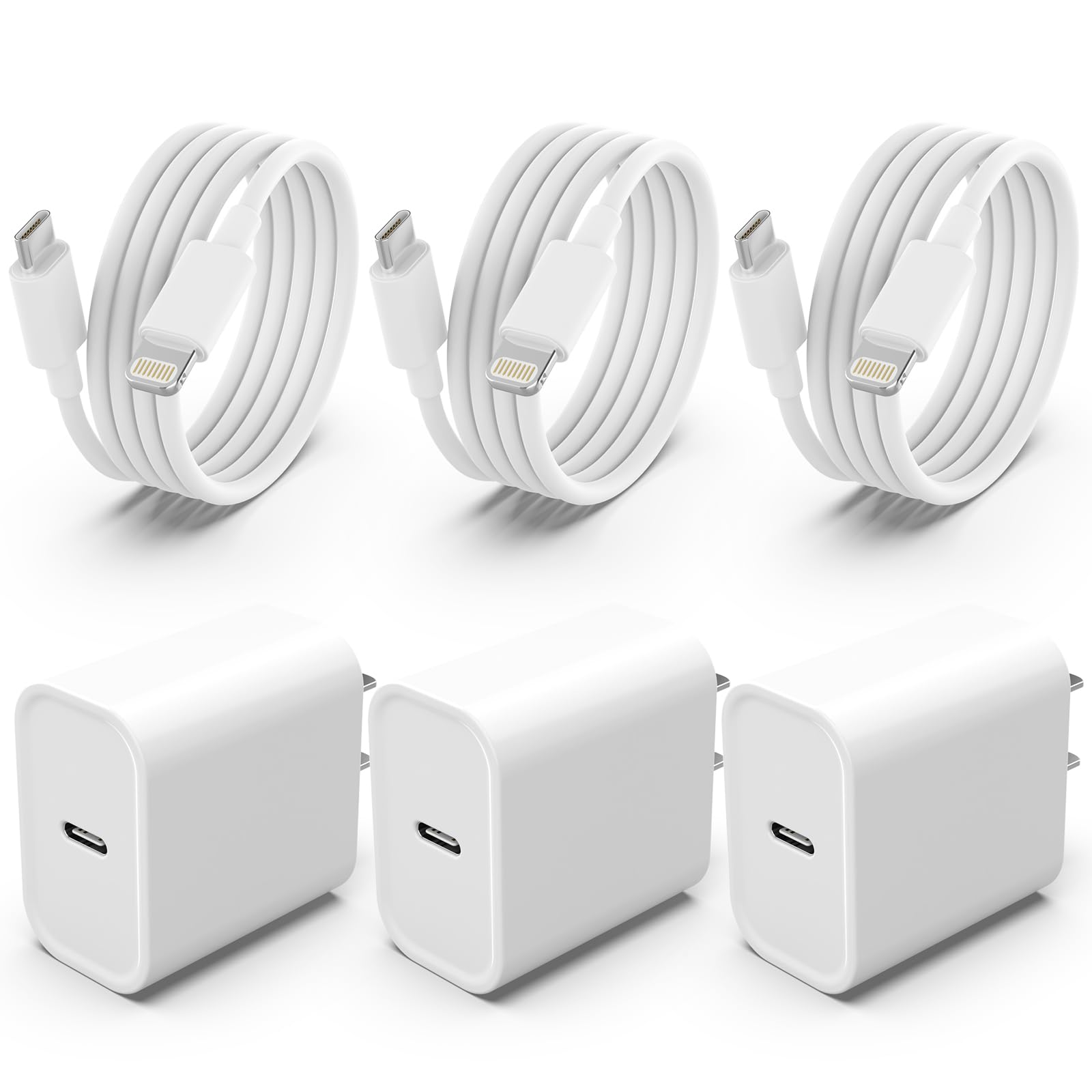 3-Pack MFi Certified 20W Fast Charger for iPhone 14/13/12/11/X - PD USB C Wall Charger with 6FT Type C to Lightning Cable | Quick Charging for iPhone, iPad | Home, Office, Travel Use