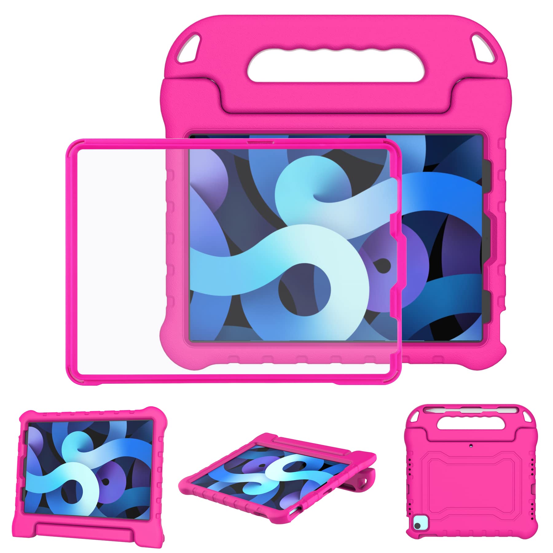 Shockproof Kids iPad Air 5th/4th Gen (2022/2020) & iPad Pro 11 Case (2021/2020/2018) - 10.9 Inch Protective Cover with Built-in Screen Protector, Pencil Holder & Handle Stand - Hot Pink | Perfect for School, Travel & Home Learning