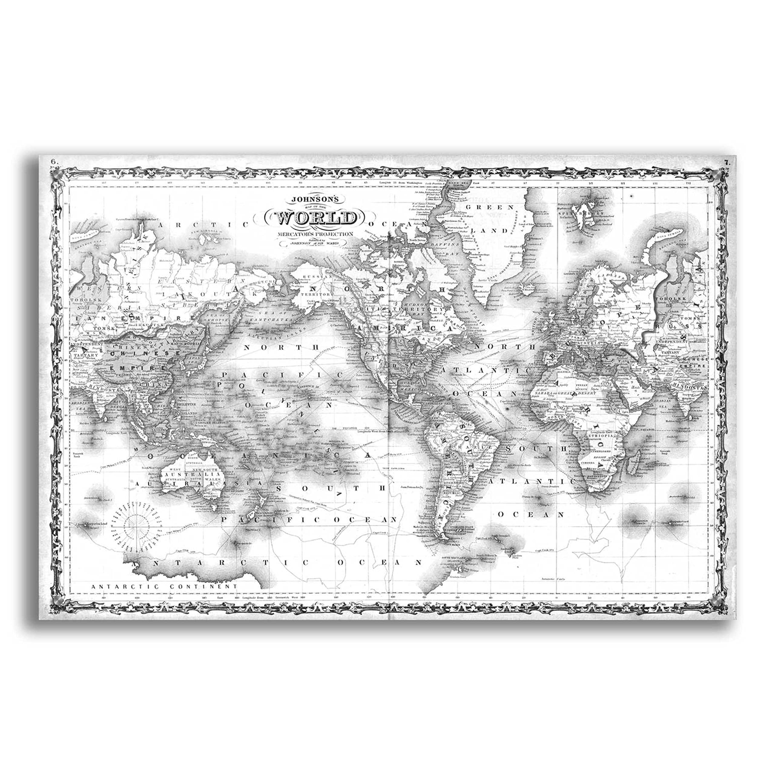 Johnson's Map of The World Vintage Wall Art - 36x24 Inch Framed Acrylic Glass Canvas - Perfect for Home Office, Living Room & Library Decor