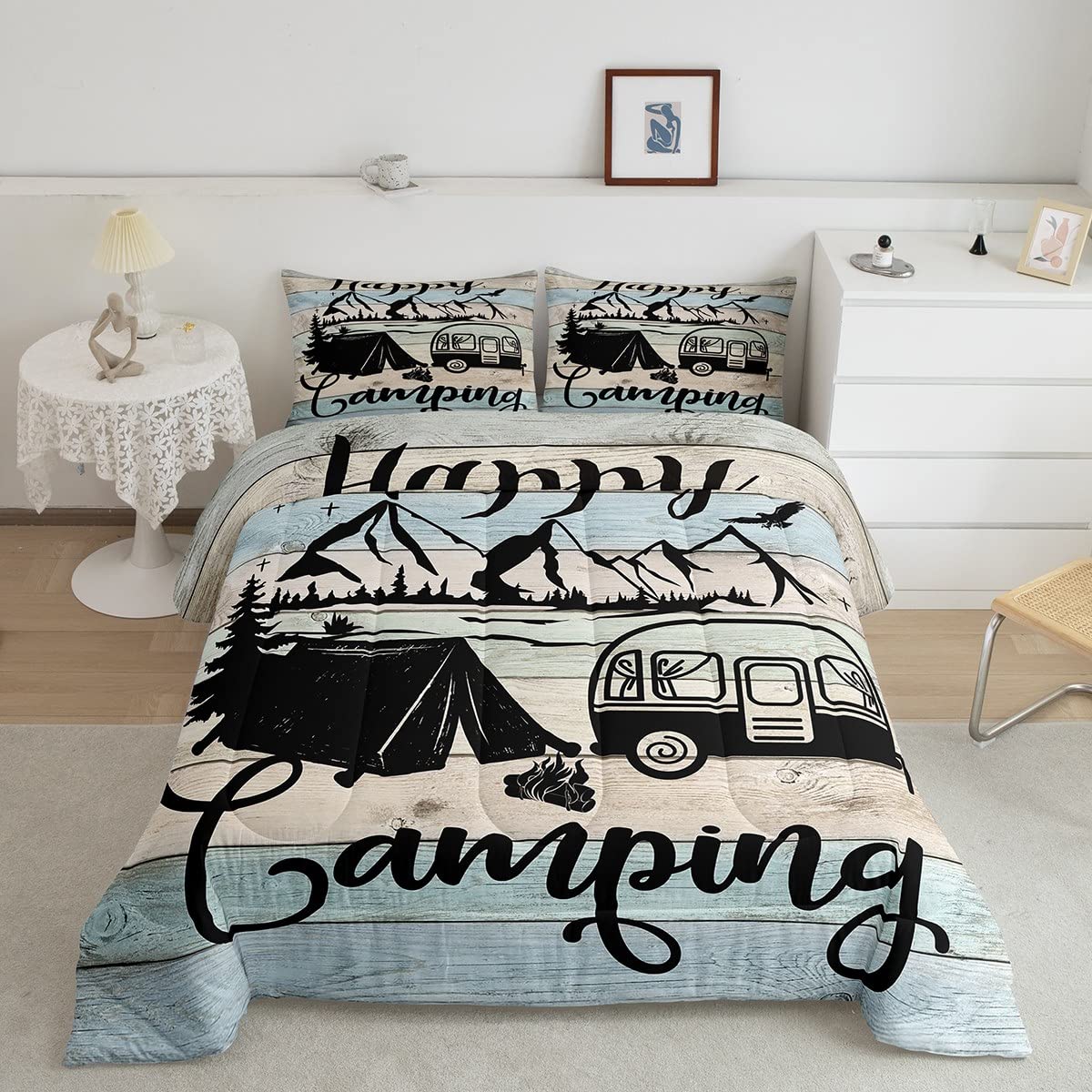 Happy Camping Bedding Set - Queen Size Rustic Farmhouse Quilt Comforter with Duvet Insert | RV, Camper & Woodland Themed Decor | Perfect for Outdoor Adventures, Cozy Cabins & Vintage Style Bedrooms