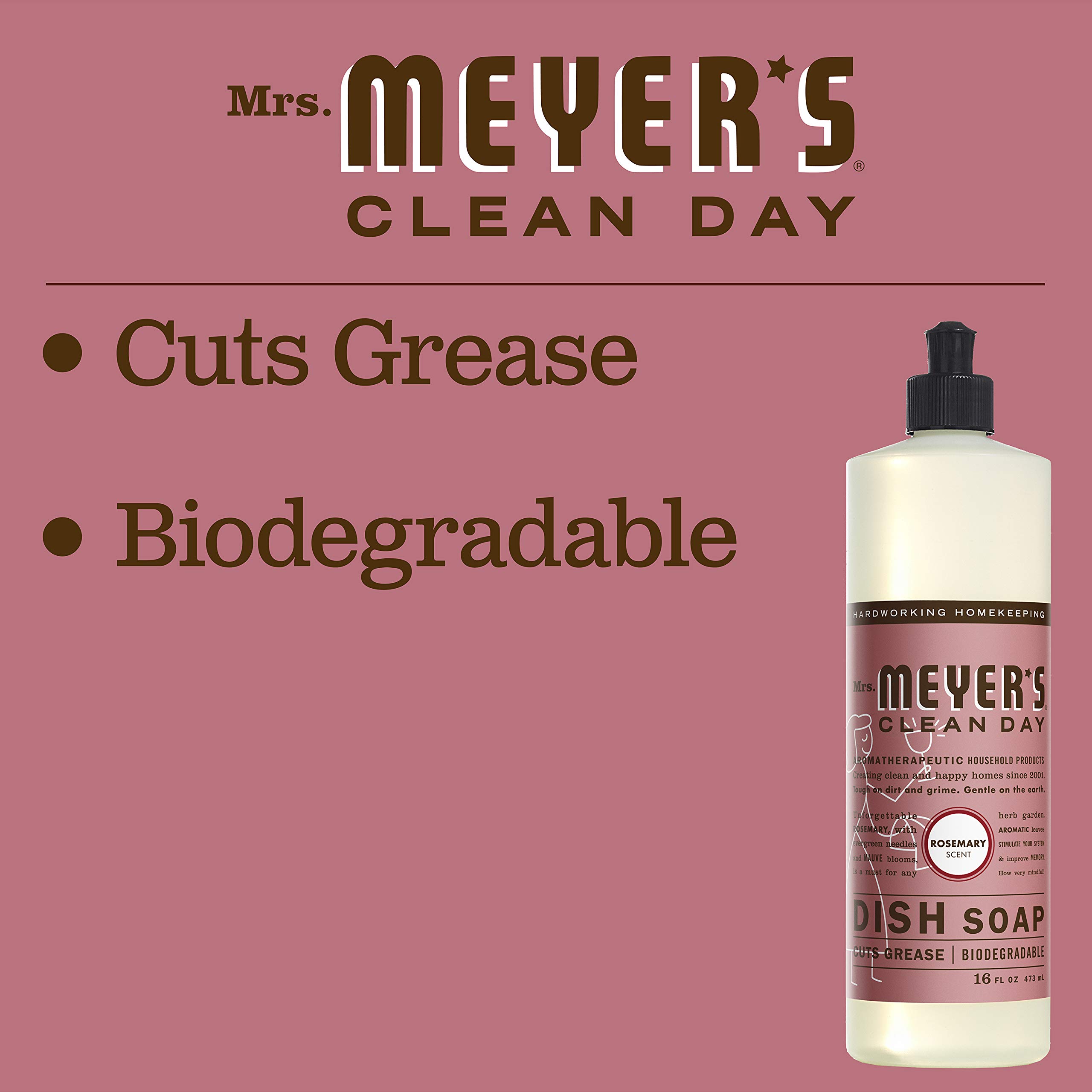 Mrs. Meyer's Clean Day Biodegradable Dish Soap - Rosemary Scent, 16 fl oz | Plant-Based Formula for Hand Washing Dishes, Grease Cutting & Gentle on Skin | Perfect for Kitchen, Camping & Eco-Friendly Homes