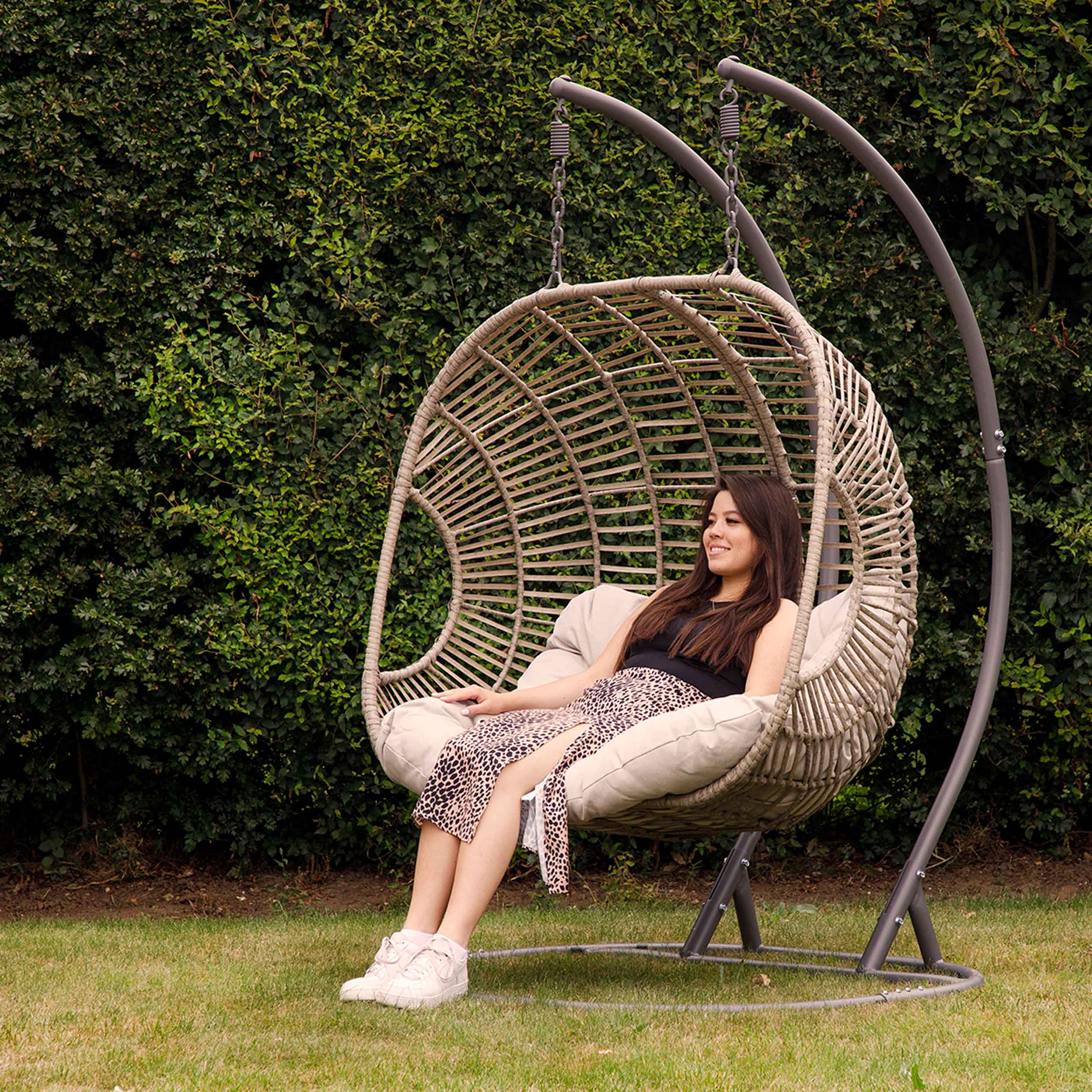 Egg Hanging Double Swing Chair - Wicker Rattan Basket with Sturdy Steel Frame - Perfect for Patio, Garden, and Backyard Relaxation