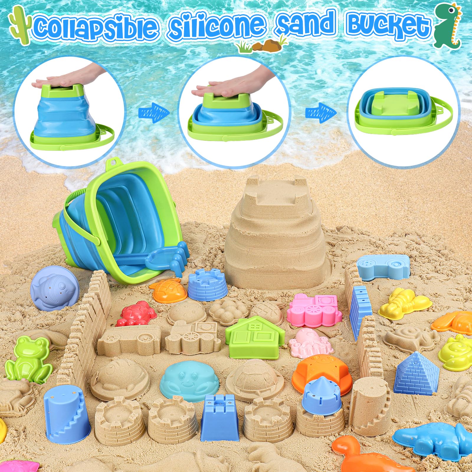 Collapsible Beach Sand Toys Set for Toddlers & Kids - Bucket, Shovels & Cute Molds with Mesh Storage Bag - Perfect for Beach, Sandbox & Outdoor Play Ages 3-10 - Great Summer Travel Toys for Boys & Girls
