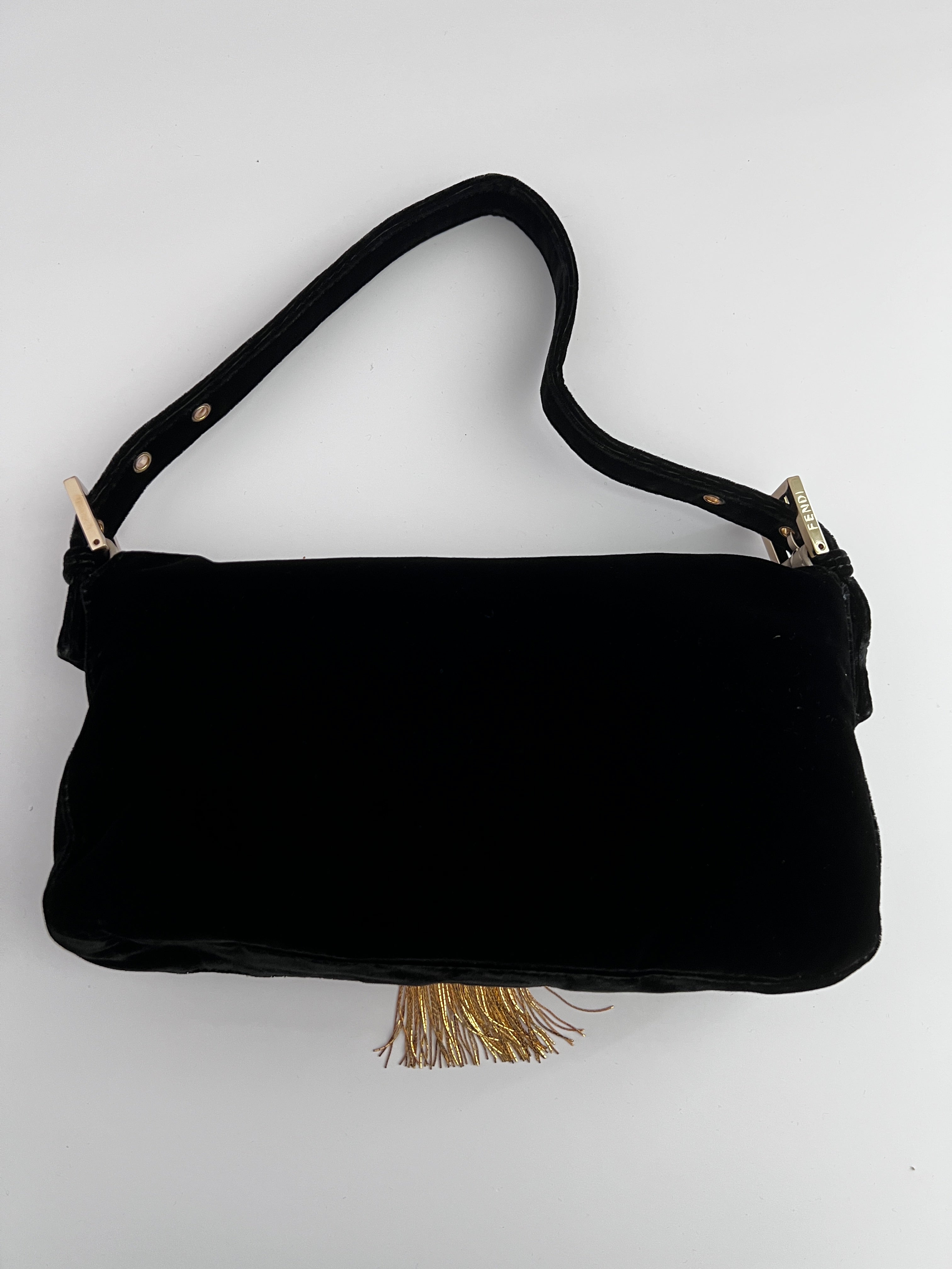 Fendi Black Velvet Shoulder Bag with Gold Tassels - Elegant Baguette Purse for Women, Perfect for Evening Parties & Special Occasions
