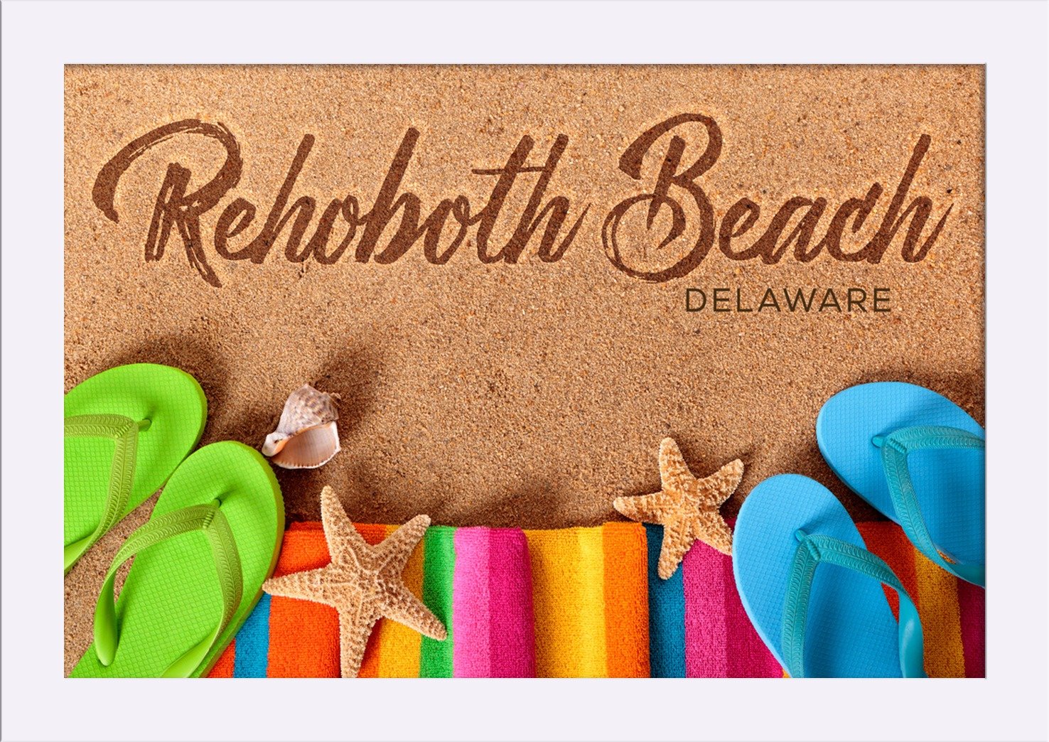 Delaware Rehoboth Beach Flip Flops Art Print - 12x18 Inch Giclee Fine Art on Recycled Wood Frame (White) - Perfect for Coastal Home Decor, Beach House Wall Art, and Summer Vacation Theme