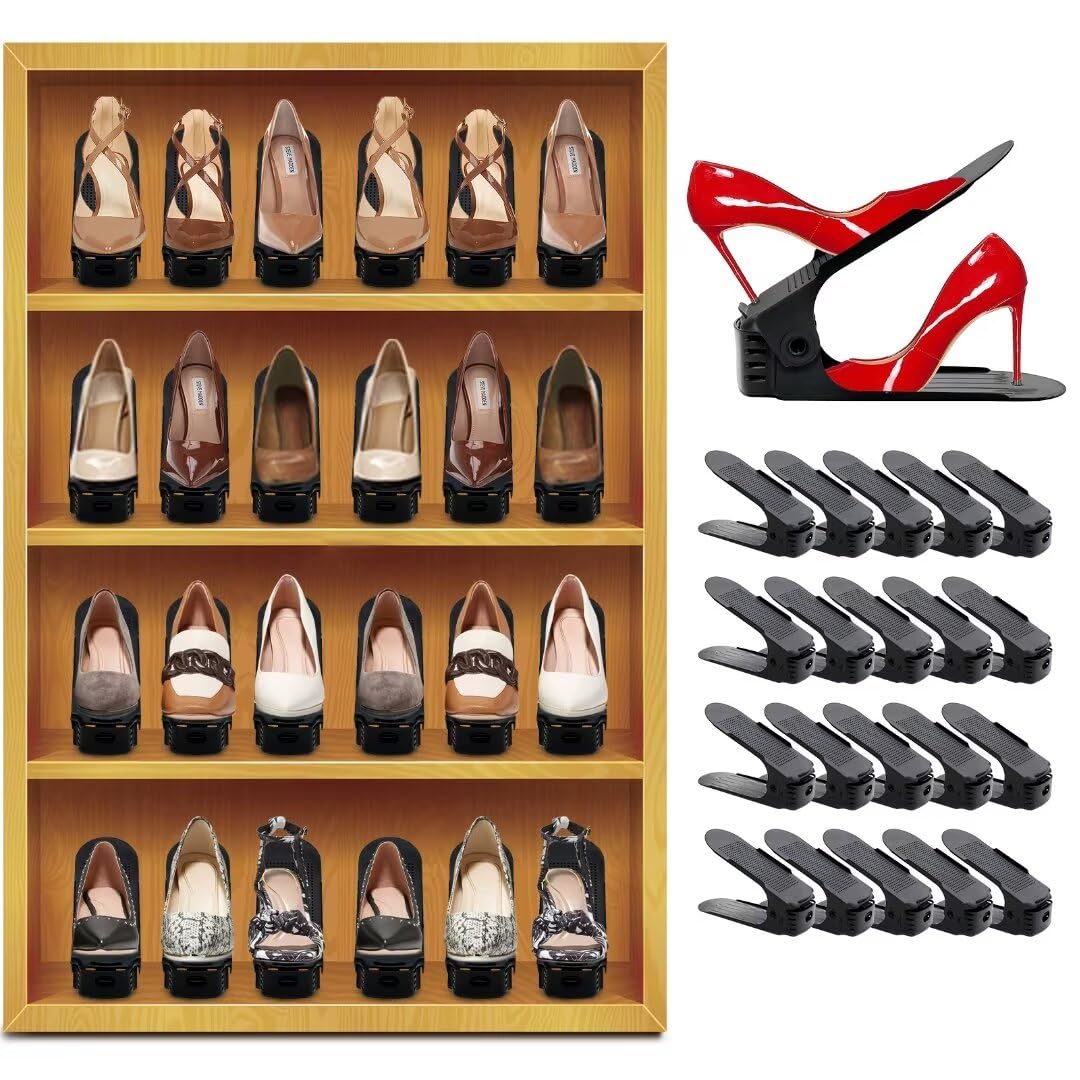 20-Pack Adjustable Shoe Stackers & Organizers - Space-Saving 4-Level Shoe Rack for Closet Storage - Fits 40 Pairs of Shoes - Black Shoe Risers for Better Organization - Perfect for Small Spaces, Dorm Rooms & Apartment Closets