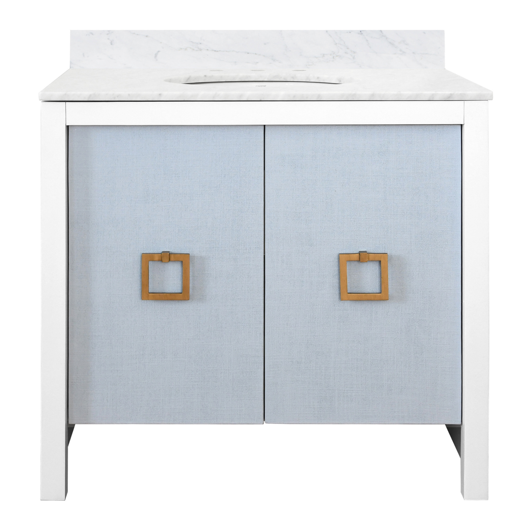 April White Bathroom Vanity Cabinet with Marble Top & Blue Linen Doors - Modern Bathroom Storage for Small Spaces, Powder Rooms & Master Baths