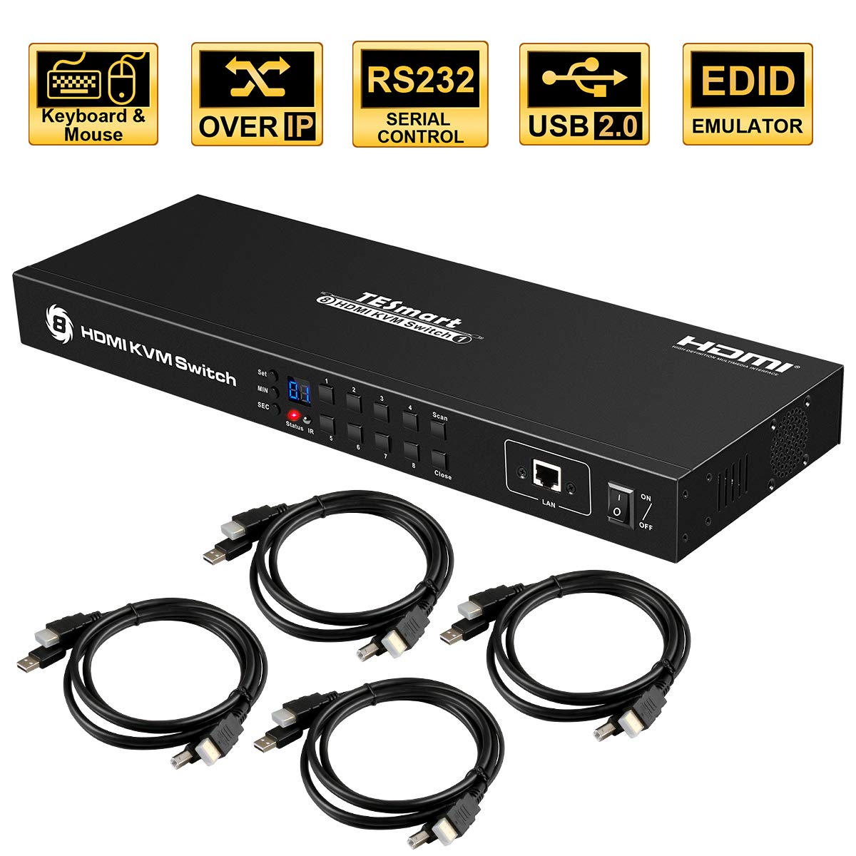 TESmart 8 Port HDMI KVM Switch 4K @ 30Hz with USB 2.0, IR Remote, RS232 & LAN | Auto-Scan | Rack Mount Kit + 4x 5ft KVM Cables | Ideal for Home Office, Data Centers & Multi-Computer Setups