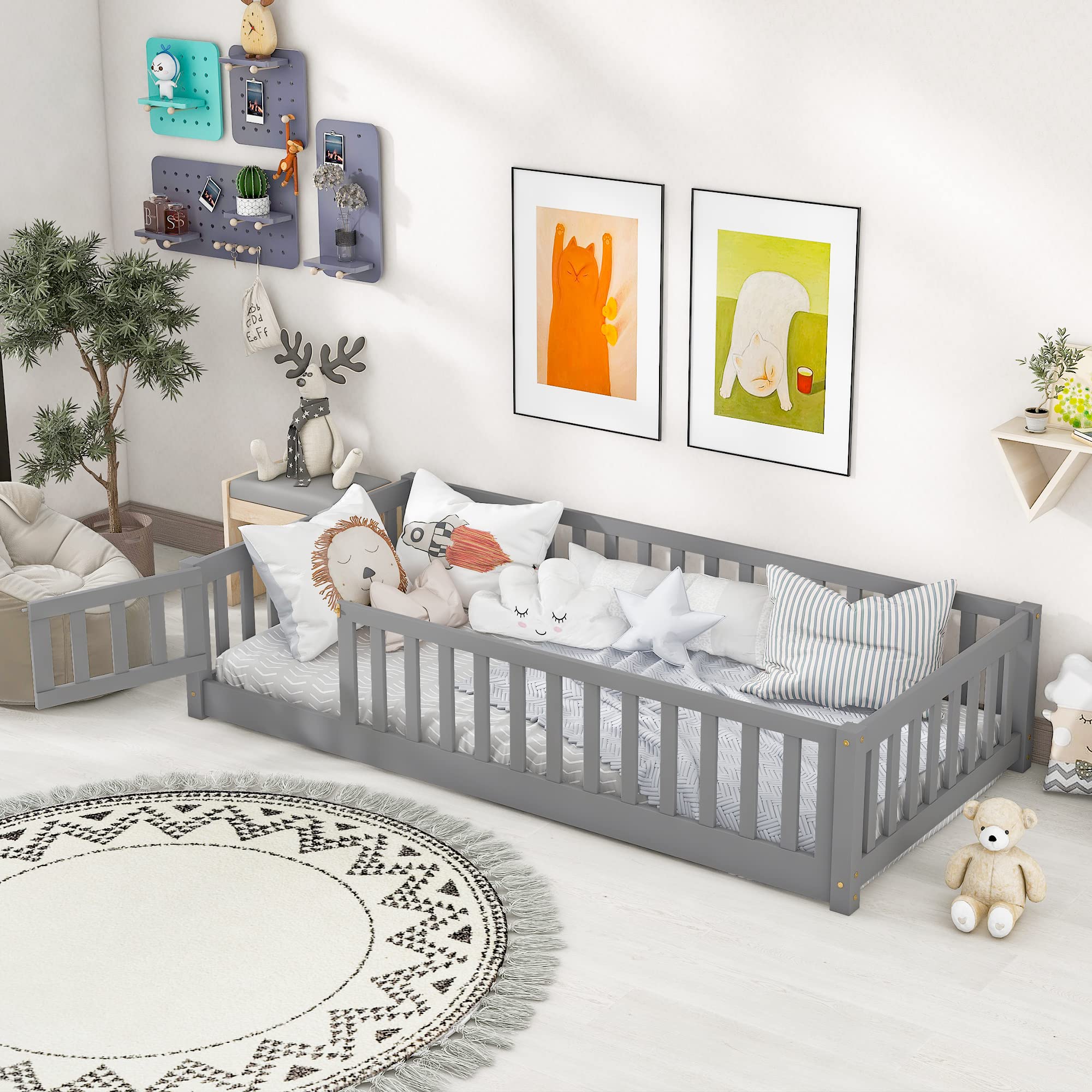 Twin Size Floor Platform Bed with Safety Fence - Wooden Playpen Bed for Kids & Toddlers - No Box Spring Needed - Grey - Perfect for Nursery, Daycare or Kids' Bedroom Safety