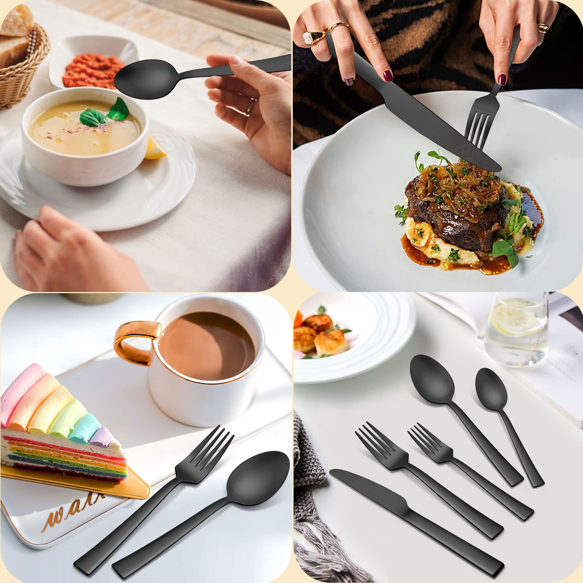 Herogo 23-Piece Matte Black Silverware Set - Stainless Steel Square Flatware with Serving Utensils, Modern Cutlery Set for Catering, Banquet & Home Dining - Dishwasher Safe Satin Finish - Perfect for Restaurants, Weddings & Everyday Use