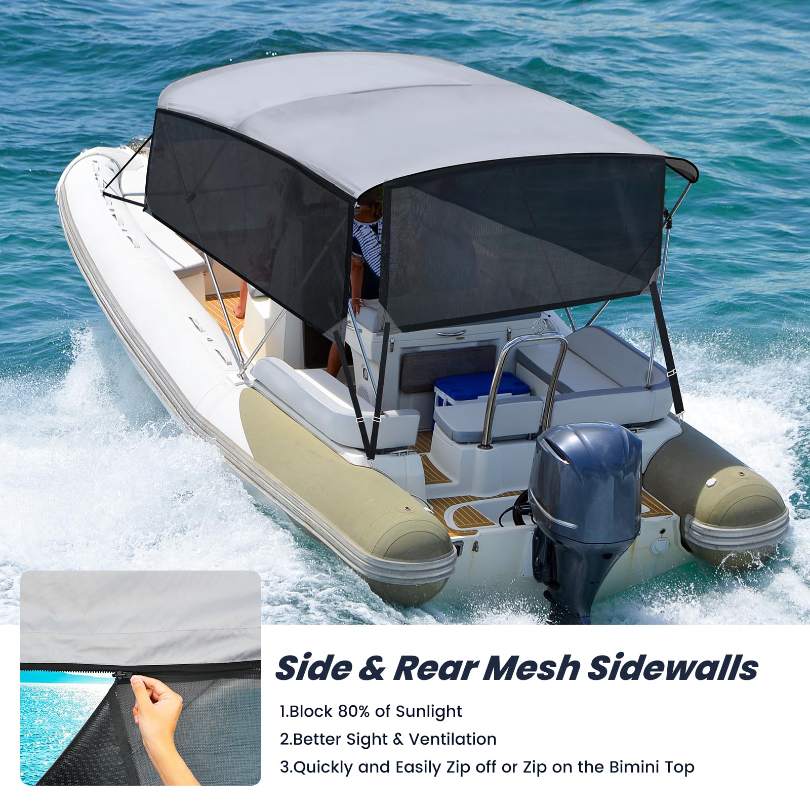 KAKIT 3-4 Bow Bimini Top for Boats with 3 Mesh Sidewalls & Rear Support Poles - UV Resistant Boat Canopy with Straps & Storage Boot (Dark Gray) - Perfect for Fishing, Cruising & Water Sports Protection