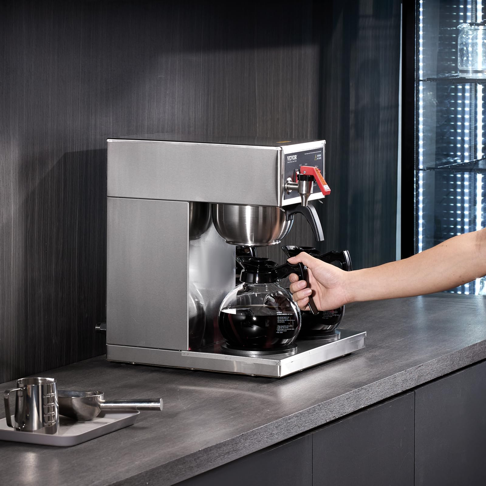 VEVOR 12 Cup Commercial Drip Coffee Maker with 3 Glass Carafes & Warmer Plates - Stainless Steel Automatic Coffee Machine for Restaurants, Offices & Cafes - Perfect for High-Volume Brewing & All-Day Service