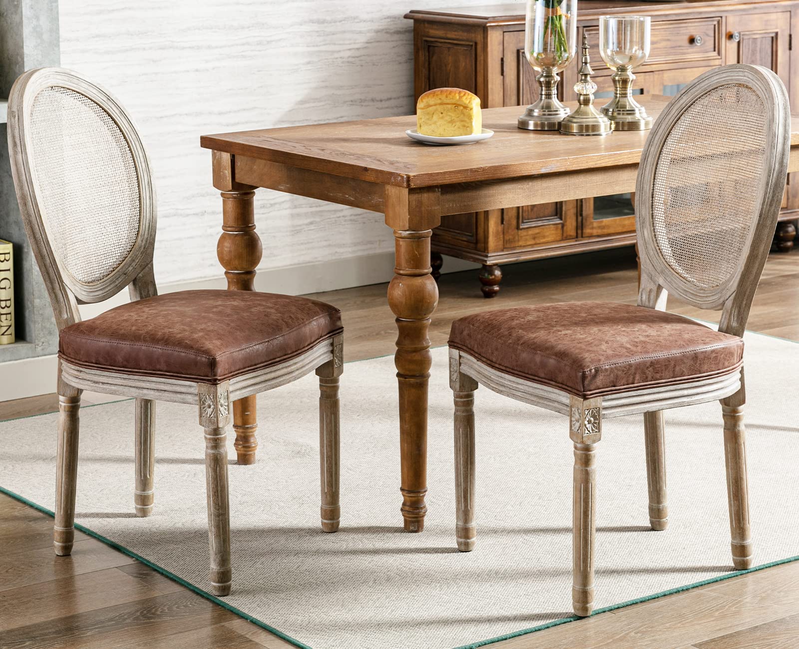 Kmax PU Leather Dining Chairs Set of 2 - French Style Rattan Round Back Farmhouse Chairs for Kitchen, Living Room & Dining Room | Perfect for Home Decor, Restaurant & Cafe Seating