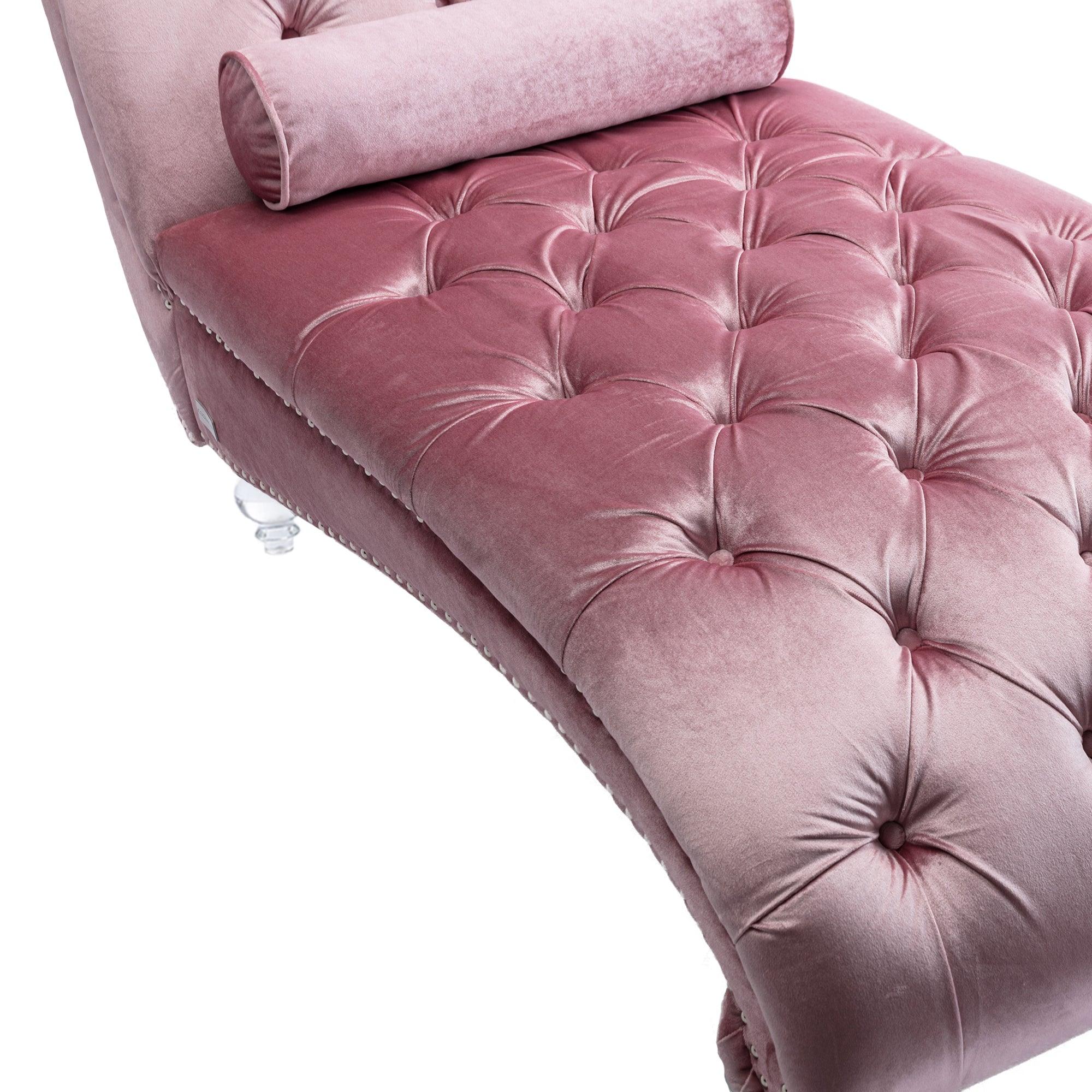 Luxury Velvet Chaise Lounge Chair - Button Tufted Upholstered Sofa with Pillow for Bedroom, Living Room & Office - Pink Velvet Chaise Lounge - Perfect for Reading Nook, Home Decor & Relaxation