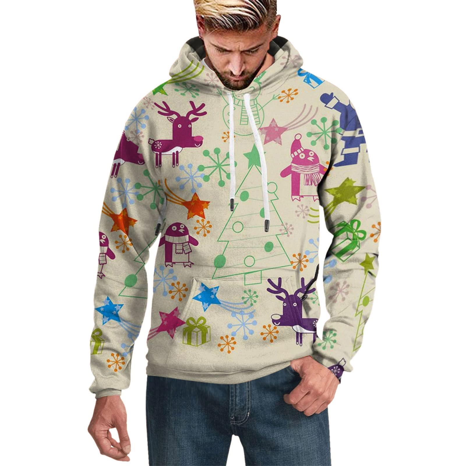 Men's Printed Long Sleeve Hooded Christmas Sweatshirt - Warm Winter Pullover Hoodie for Casual Wear & Holiday Festivities