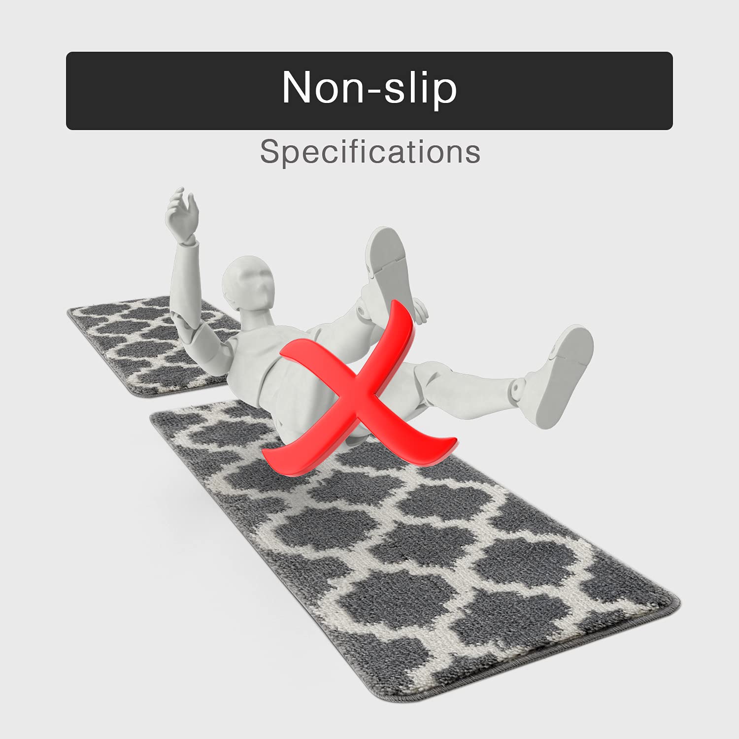 Wunderlin Soft Trellis Non-Slip Washable Kitchen Runner Rugs Set of 2 - Grey, Anti-Skid Floor Mat for Kitchen, Dining Room & High Traffic Areas
