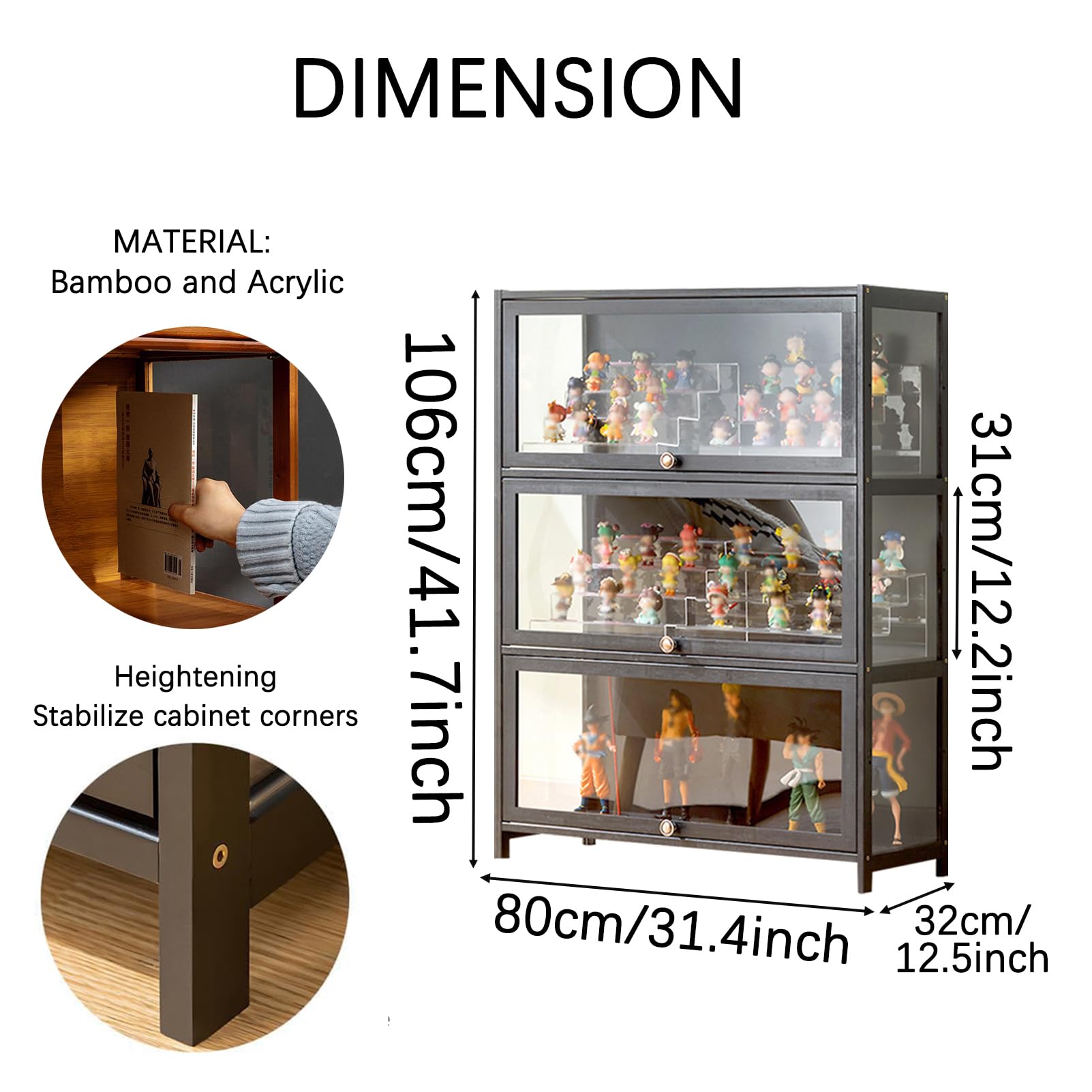 Acrylic Glass Door Display Cabinet - 3-Tier Storage Shelf for Collectibles, Toys & Home Decor | Perfect for Playroom, Bedroom & Retail Store (Gray)