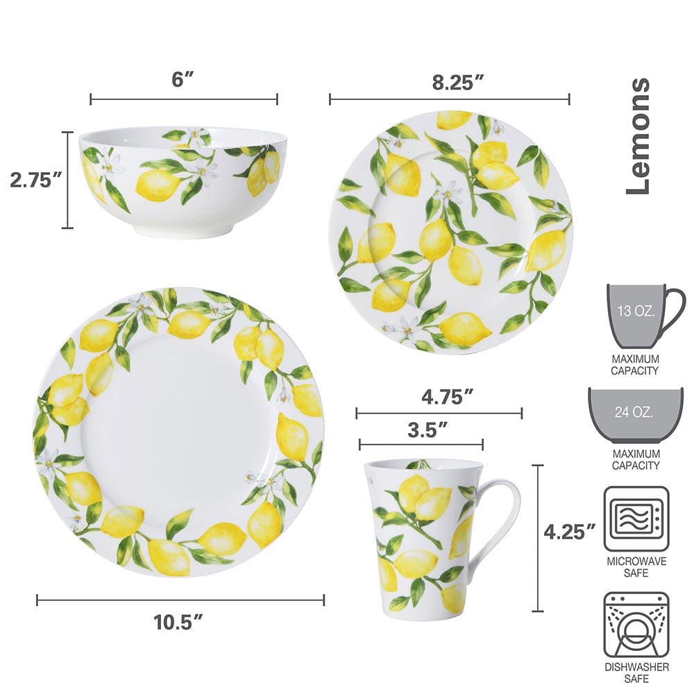 16-Piece Lemon Print Dinnerware Set - Service for 4, Porcelain Plates Bowls & Mugs - Perfect for Family Dining, Kitchen Decor & Dinner Parties