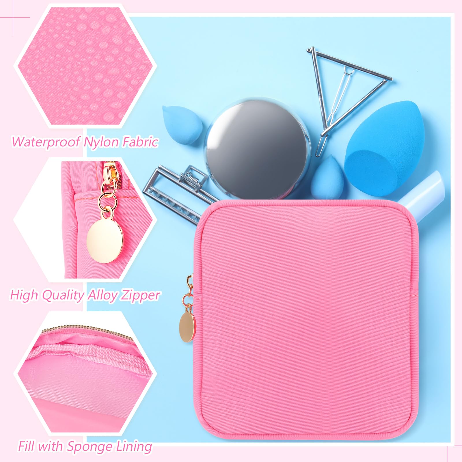 12 Pcs Mini Makeup Bags - Small Nylon Zipper Pouches for Cosmetics & Travel Organizer | Compact Square Purse Accessories for Women | Perfect for Daily Essentials, Travel Toiletries & Jewelry Storage (Pink)