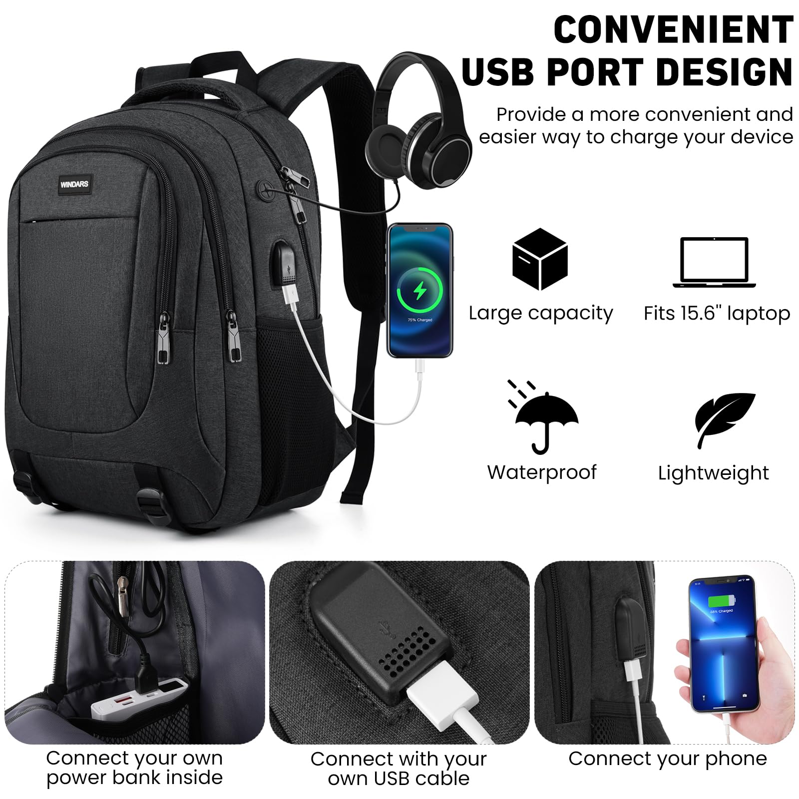 Durable 15.6 Inch Laptop Backpack for Men & Women - USB Charging Port, College Bookbag for School, Business, Work & Travel - Perfect for Students, Professionals & Commuters (Black)
