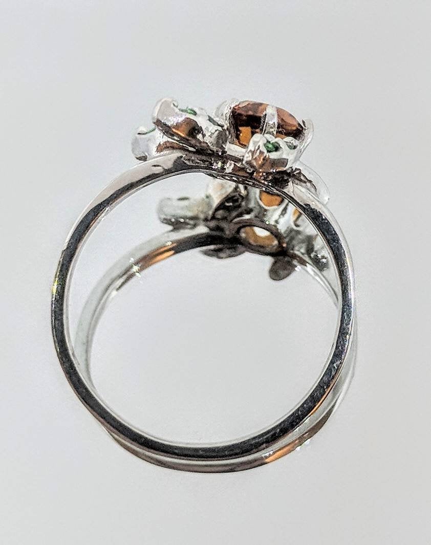 Handmade Solid Sterling Silver or 14K Gold Plated Citrine Garnet Flower Cluster Ring with Tsavorite Garnet Accents - Perfect for Weddings, Anniversaries & Gift Giving
