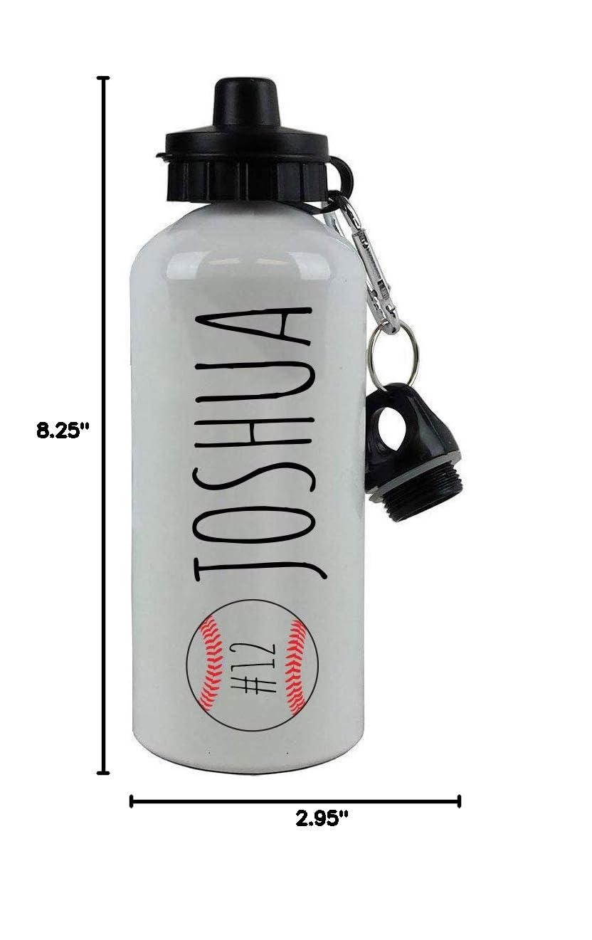 Custom Personalized Baseball/Softball Water Bottle - Add Your Name & Jersey Number, 20oz Aluminum Sport Bottle with 2 Lids (White Finish) - Perfect for Games, Practice & Outdoor Activities