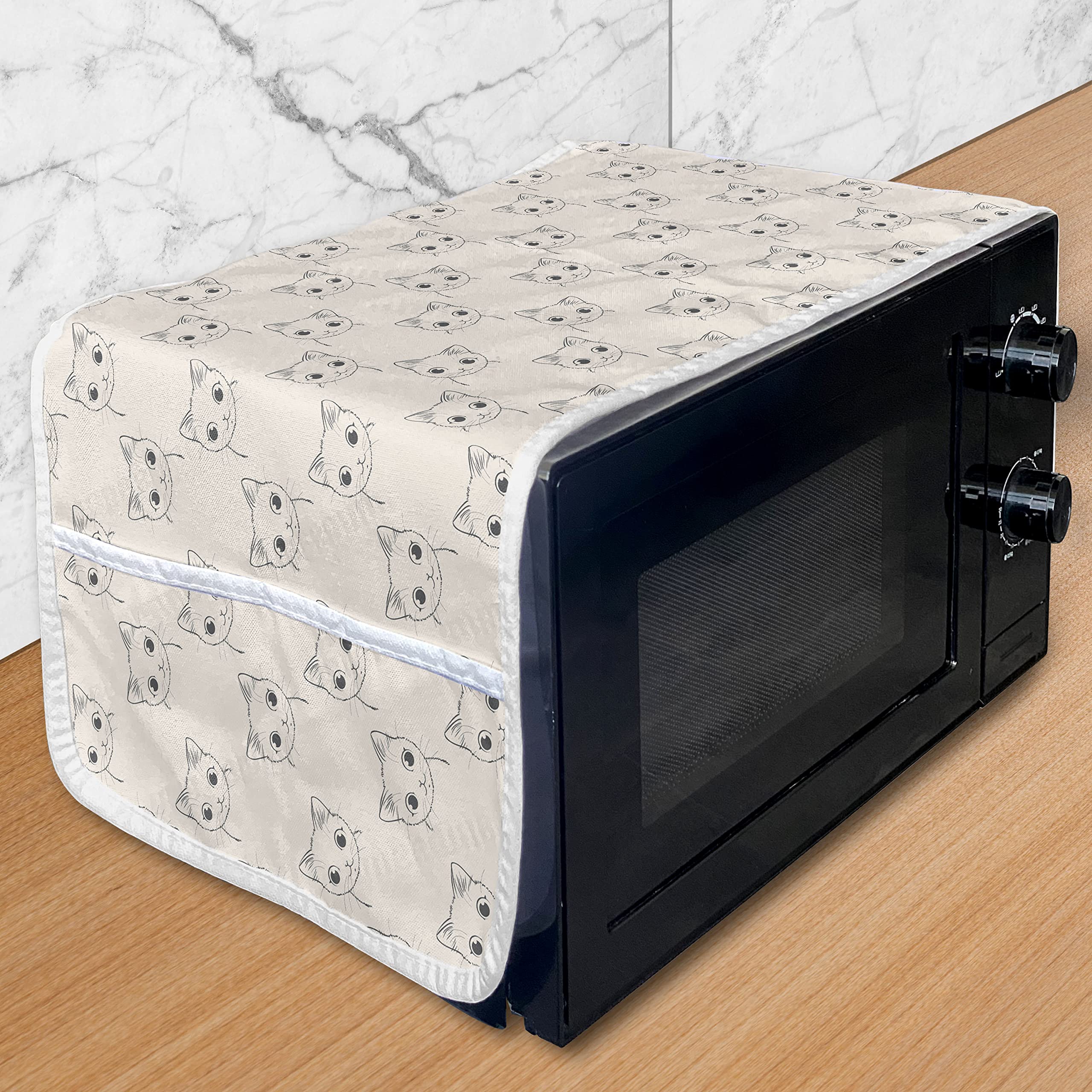 Ambesonne Funny Cat Microwave Cover - Waterproof Kitchen Organizer with Pockets, 36x12 Inches, Beige Dark Blue Grey | Cute Drawn Kitten Design for Pet Lovers - Perfect for Microwave Protection & Kitchen Decor